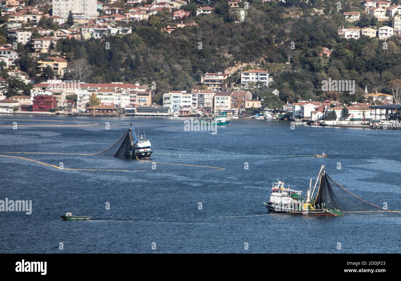 Istanbul, Türkei. November 2020. Fischerboote werden am 24. November 2020 auf der Bosporus-Straße in Istanbul, Türkei, gesehen. Die türkischen Behörden haben versucht, die Fischer im Land, die unter der COVID-19-Pandemie schwer zu leiden hatten, mit finanziellen Anreizen zu unterstützen. Sowohl die Regierung als auch die lokalen Beamten haben eine Reihe von Maßnahmen ergriffen, darunter die Verschiebung von Steuern und Versicherungszahlungen sowie die Bereitstellung von Miete und Gehaltszahlungen. Quelle: Osman Orsal/Xinhua/Alamy Live News Stockfoto