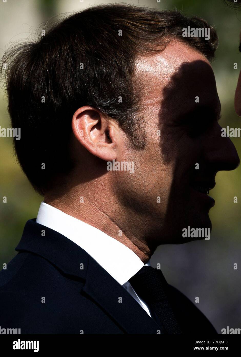 Der französische Präsident Emmanuel Macron zeigt sich auf dem Elysee-Palast in Paris, Frankreich, 10. Juli 2019. Foto von Eliot Blondt/ABACAPRESS.COM Stockfoto