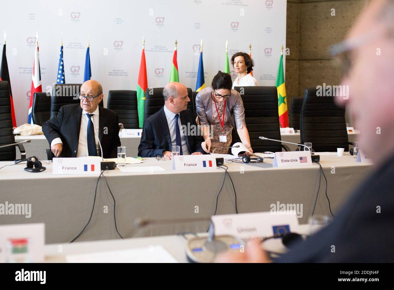 Außenminister Jean Yves Le Drian Bildungsminister Jean Michel Blanquer in Paris bei der UNESCO für den G7-Ministergipfel für Bildung und Entwicklung mit der G5 Sahel. 5. Juli 2019 Foto von Raphael Lafargue/ABACAPRESS.COM Stockfoto