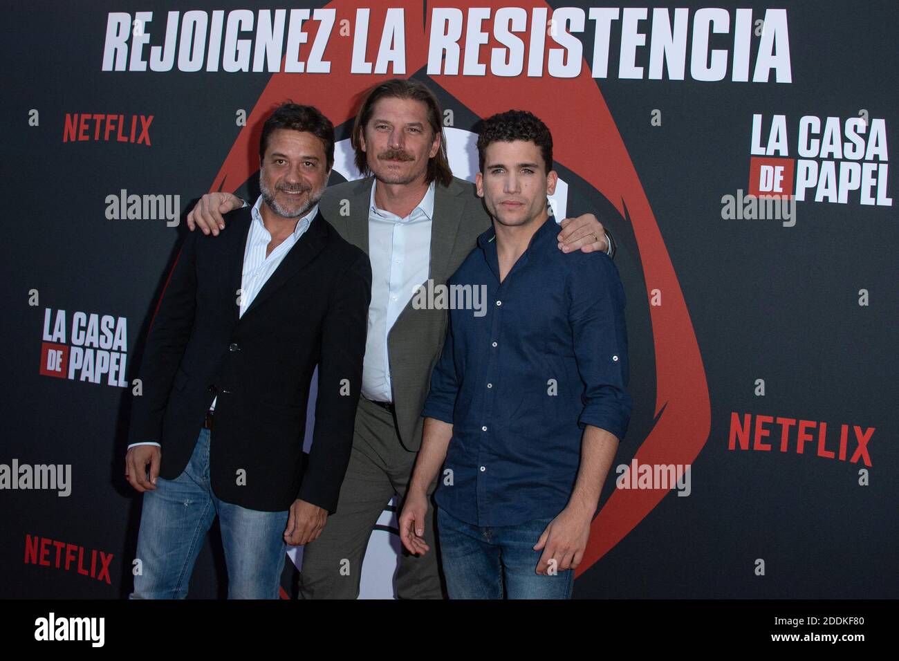 Enrique Arce, Luka Peros und Jaime Lorente bei der Premiere der 3. Staffel von La Casa De Papel in der Monnaie de Paris am 15. Juli 2019. Foto von Aurore Marechal/ABACAPRESS.COM Stockfoto