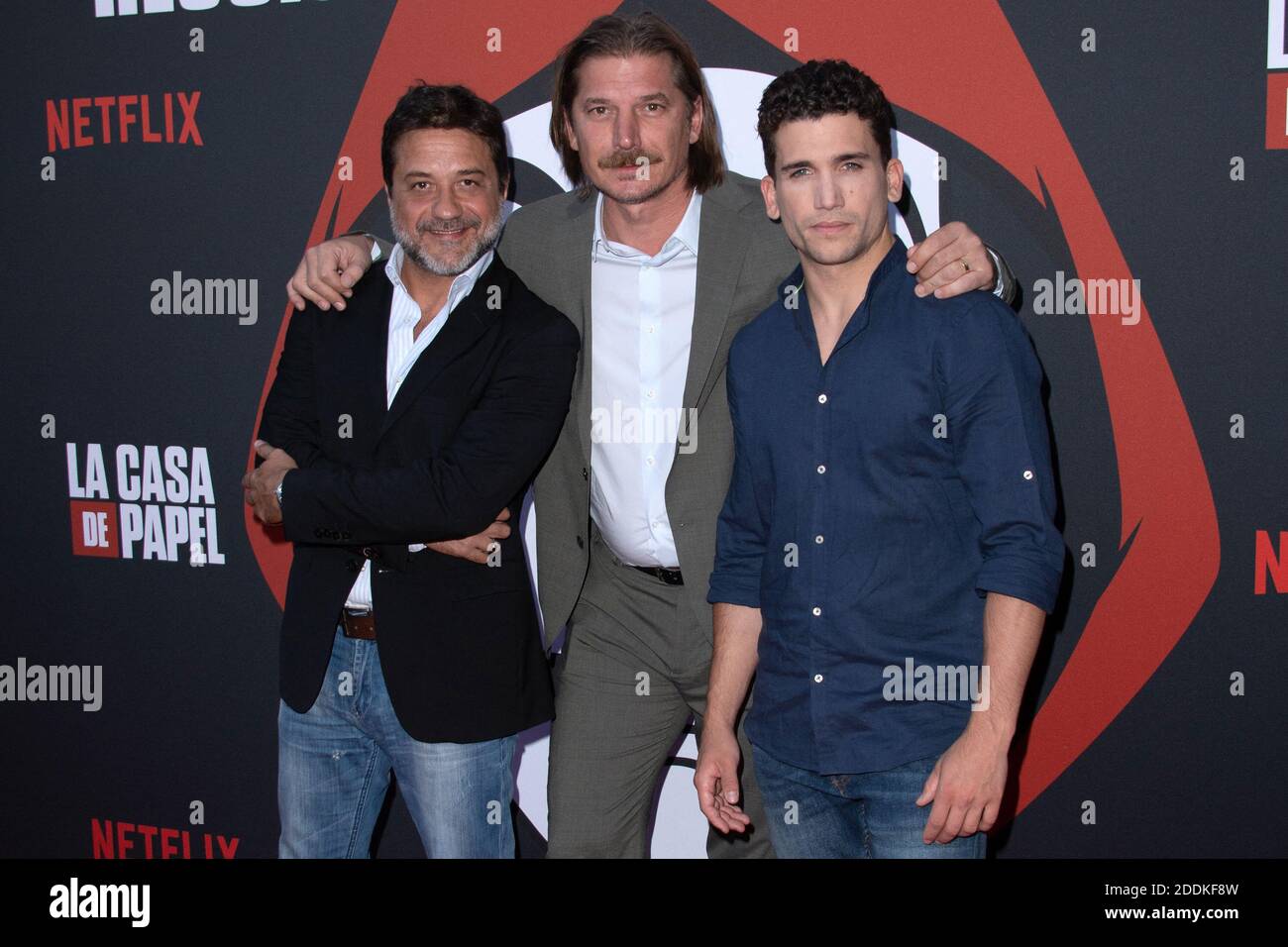 Enrique Arce, Luka Peros und Jaime Lorente bei der Premiere der 3. Staffel von La Casa De Papel in der Monnaie de Paris am 15. Juli 2019. Foto von Aurore Marechal/ABACAPRESS.COM Stockfoto