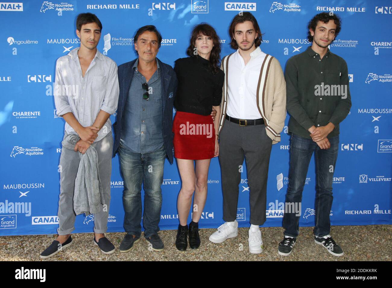 Ben Attal, Yvan Attal, Charlotte Gainsbourg, Panayotis Pascot und Pablo Venzal auf der Mon Chien Stupide Photocall im Rahmen des 12. Angouleme Film Festivals in Angouleme, Frankreich am 20. August 2019. Foto von Jerome Domine/ABACAPRESS.COM Stockfoto