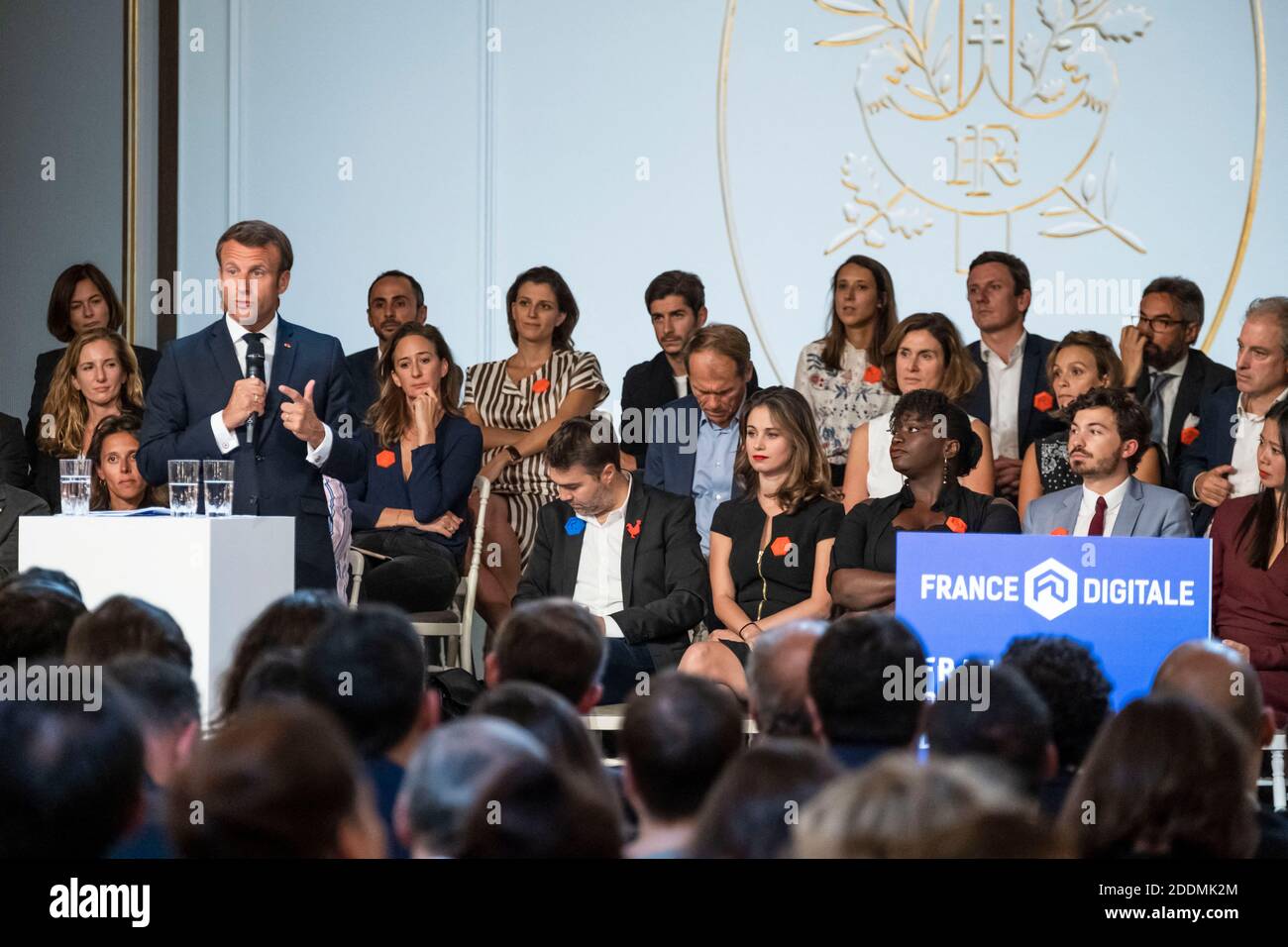 Der französische Präsident Emmanuel Macron hält eine Rede während der europäischen Startup Ecosystem-Veranstaltung "France Digitale Day 2019" im Elysee Palace in Paris, Frankreich, 17. September 2019. Foto von Simon Lambert/Pool/ABACAPRESS.COM Stockfoto