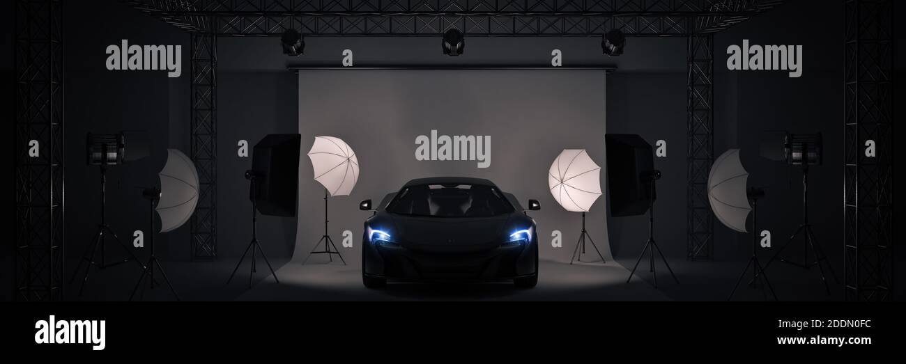 Fotostudio mit Sportwagen. 3d-Rendering Stockfoto