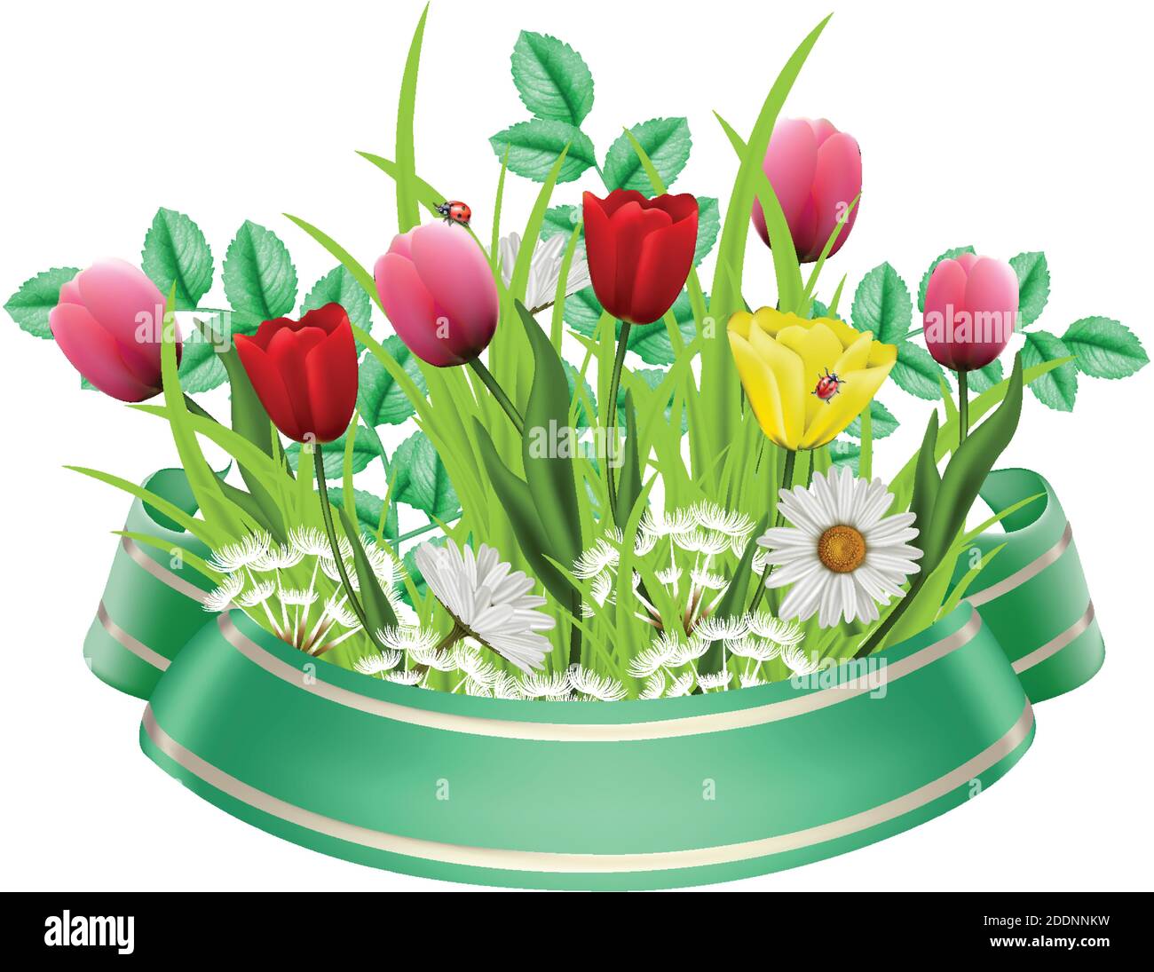 Vector 3d realistischer Frühlingsstrauß mit Blume, bunten Tulpen und Kamillen, mit grünem Band. Stock Vektor