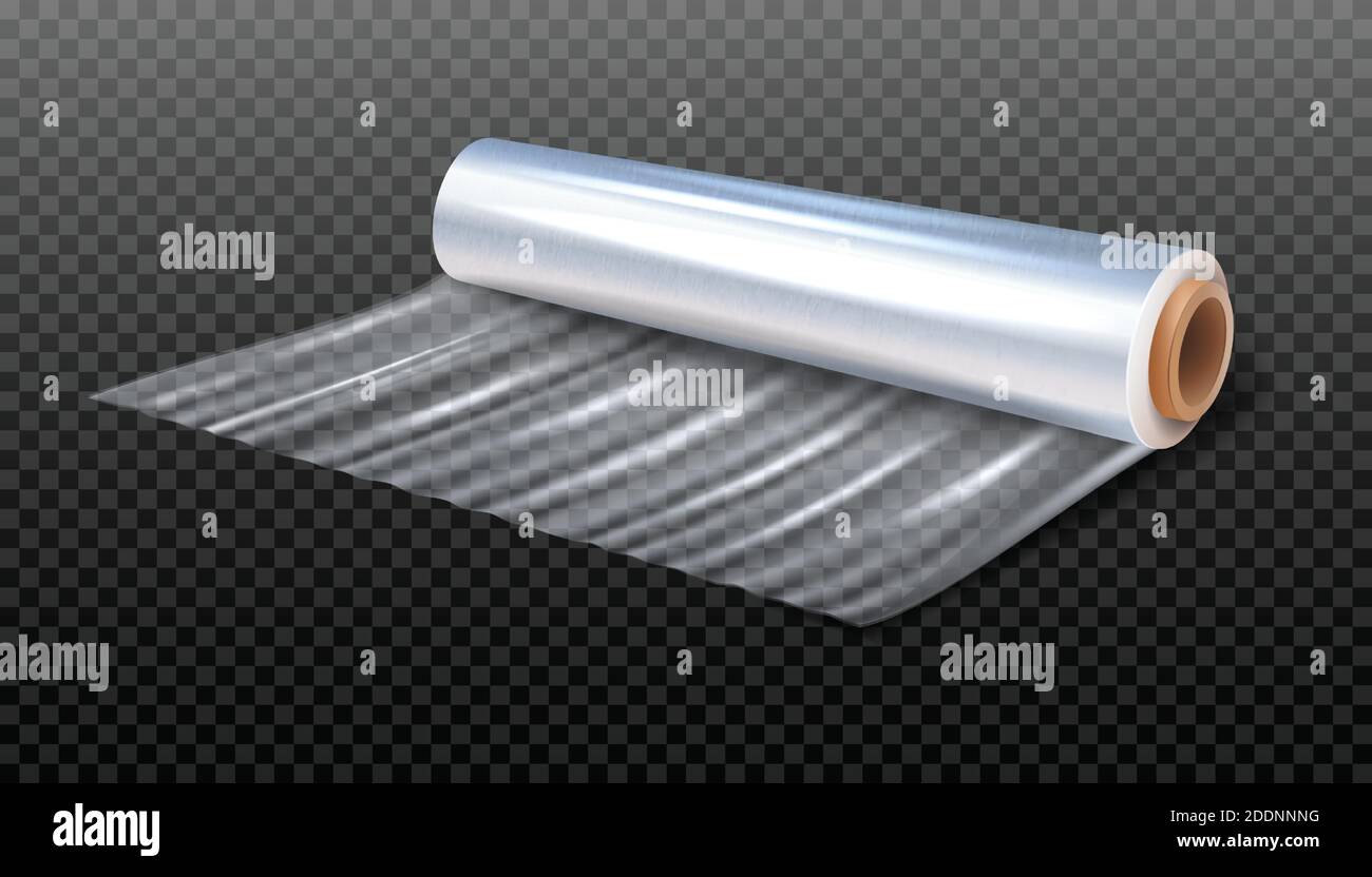 3d realistische Vektordarstellung eines Frischhaltepapiers für Verpackungen. Isoliert auf transparentem Hintergrund. Stock Vektor