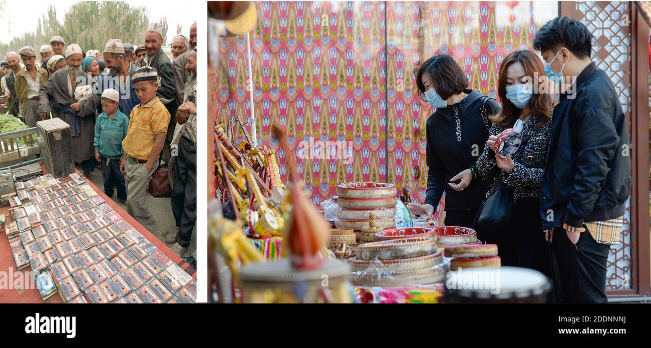 (201126) -- PEKING, 26. November 2020 (Xinhua) -- LINKS: Basar-Besucher schauen sich Kassettenbänder im Bezirk Schache, im Nordwesten Chinas Xinjiang Uygur Autonome Region im Jahr 1995 an. (Foto aufgenommen von Wu Chunzhan)RECHTS: Touristen kaufen Handtrommeln am Xinjiang International Grand Bazaar in Urumqi, der Hauptstadt der Autonomen Region Xinjiang Uygur im Nordwesten Chinas, 4. Oktober 2020. (Foto aufgenommen von Ding Lei) die Autonome Region Xinjiang Uygur im Nordwesten Chinas hat in einer historischen Heldentat Abschied genommen von absoluter Armut. Die letzten 10 verarmten Landkreise in Xinjiang haben es geschafft, die absolute Armut zu beenden, die regionale Gov Stockfoto