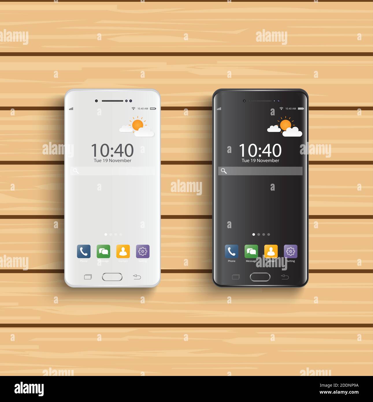 Smartphones schwarz und weiß. Neue realistische Handy modernen Stil. Vektor-Smartphone mit ui-Icons auf Holzhintergrund. Stock Vektor