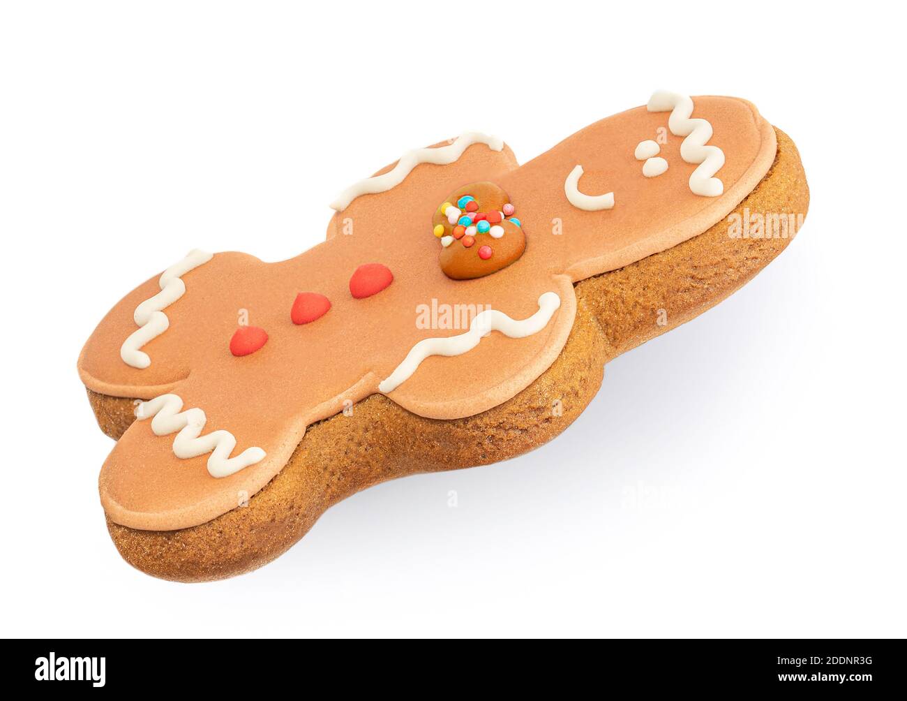 Lebkuchen Mann Cookie isoliert auf weißem Hintergrund. Weihnachten Lebkuchen Gebäck Seitenansicht close up. Stockfoto