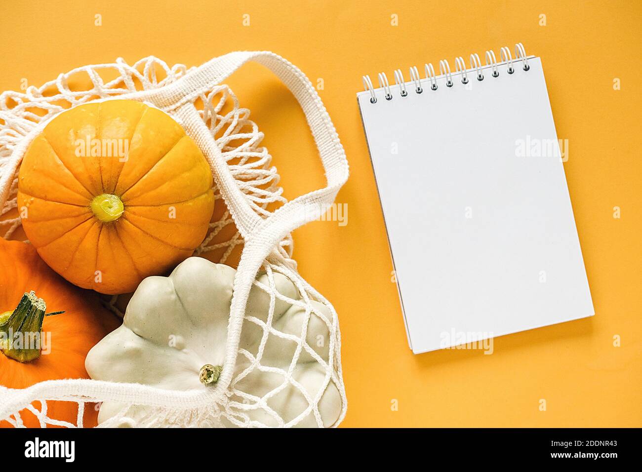 Frisches Erntegemüse Kürbis Kürbis, Pattypan Squash im Einkauf umweltfreundliche Netztasche und leerer Notizblock auf gelbem Hintergrund. Konzept organisches Gemüse Stockfoto