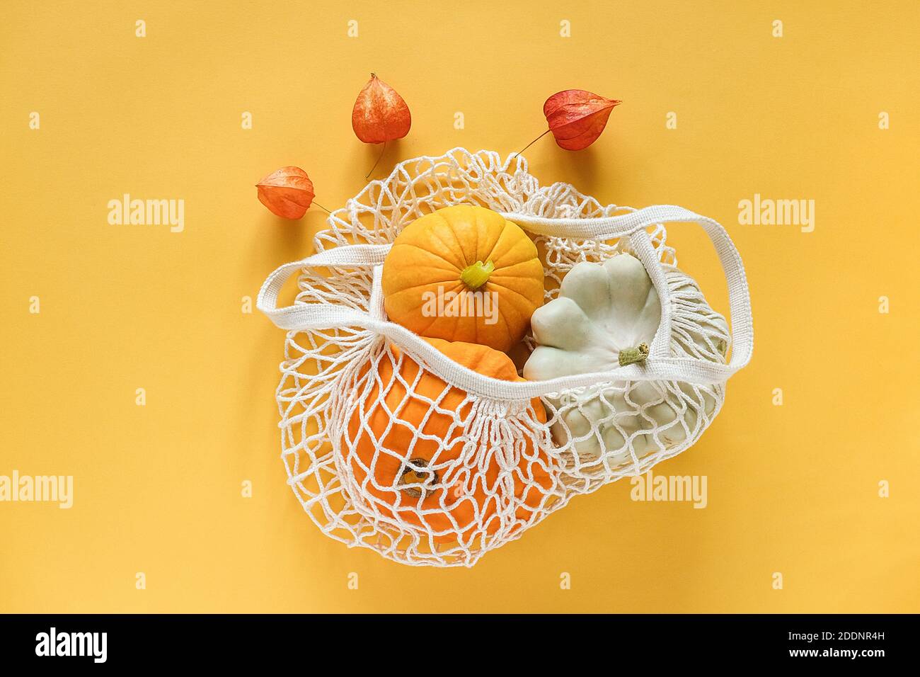 Frische Ernte Gemüse Kürbis Kürbis, Pattypan Squash im Einkauf umweltfreundliche Netztasche, Herbst Physalis auf gelbem Hintergrund. Konzept Organic vege Stockfoto