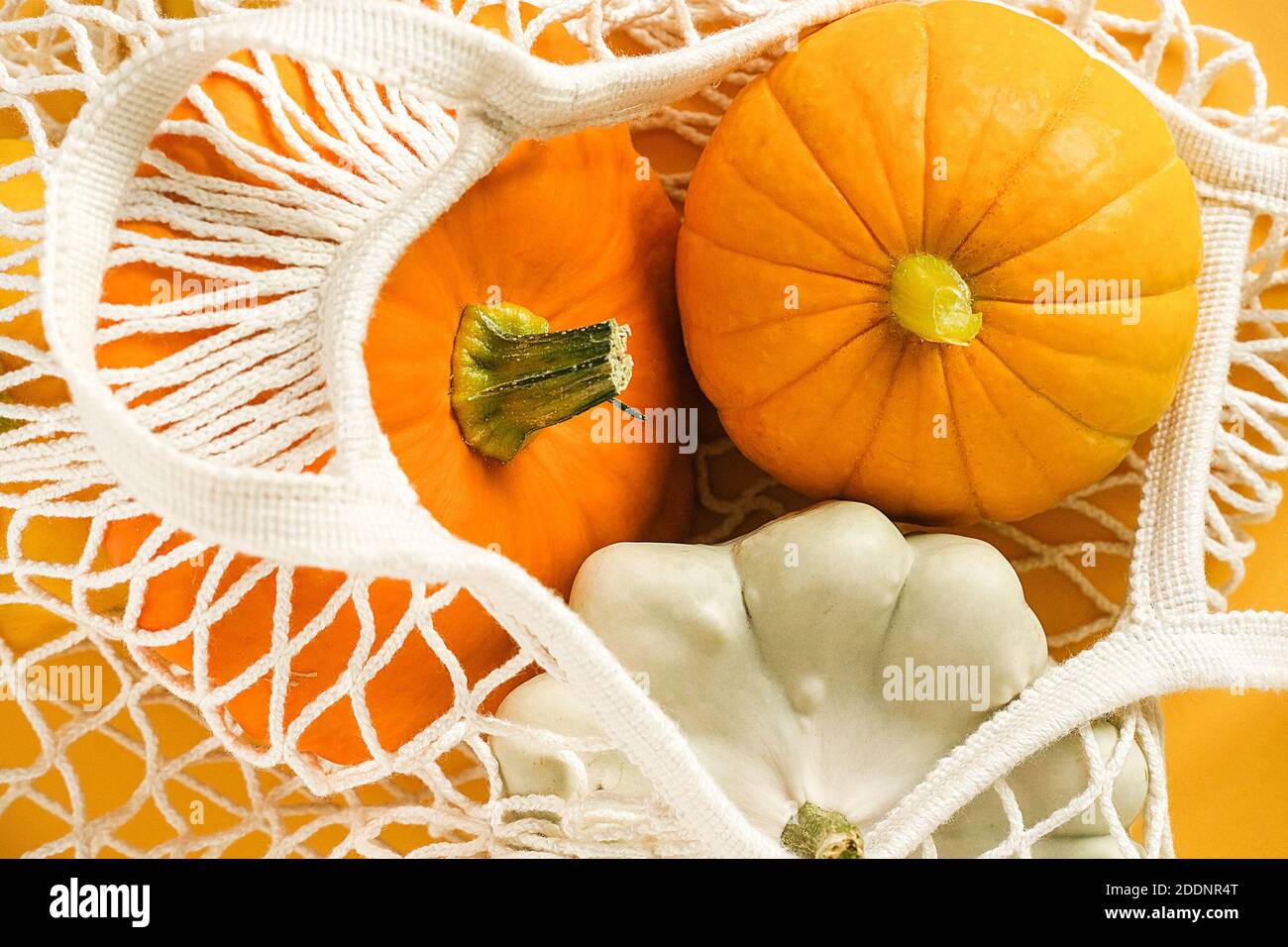 Frisches Erntegemüse Kürbis Kürbis, Pattypan Squash in wiederverwendbaren Shopping umweltfreundliche Netzbeutel. Konzept Bio-Gemüseernte und kein Kunststoff, Stockfoto