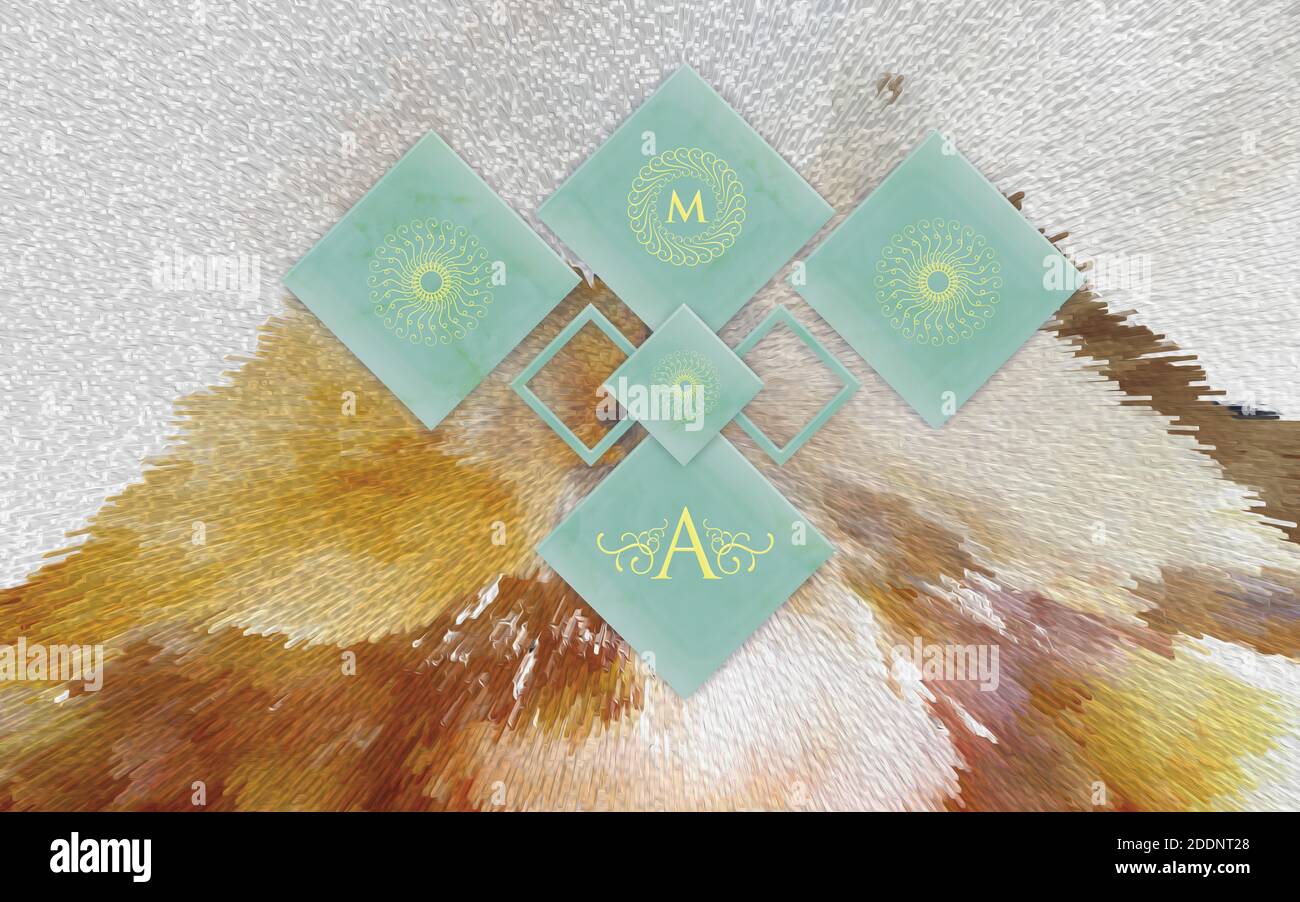 Abstrakt Getupfter Hintergrund Rauten Aus Blauem Marmor Mit Gelben Ornamenten Und Buchstaben A Und M Stockfotografie Alamy