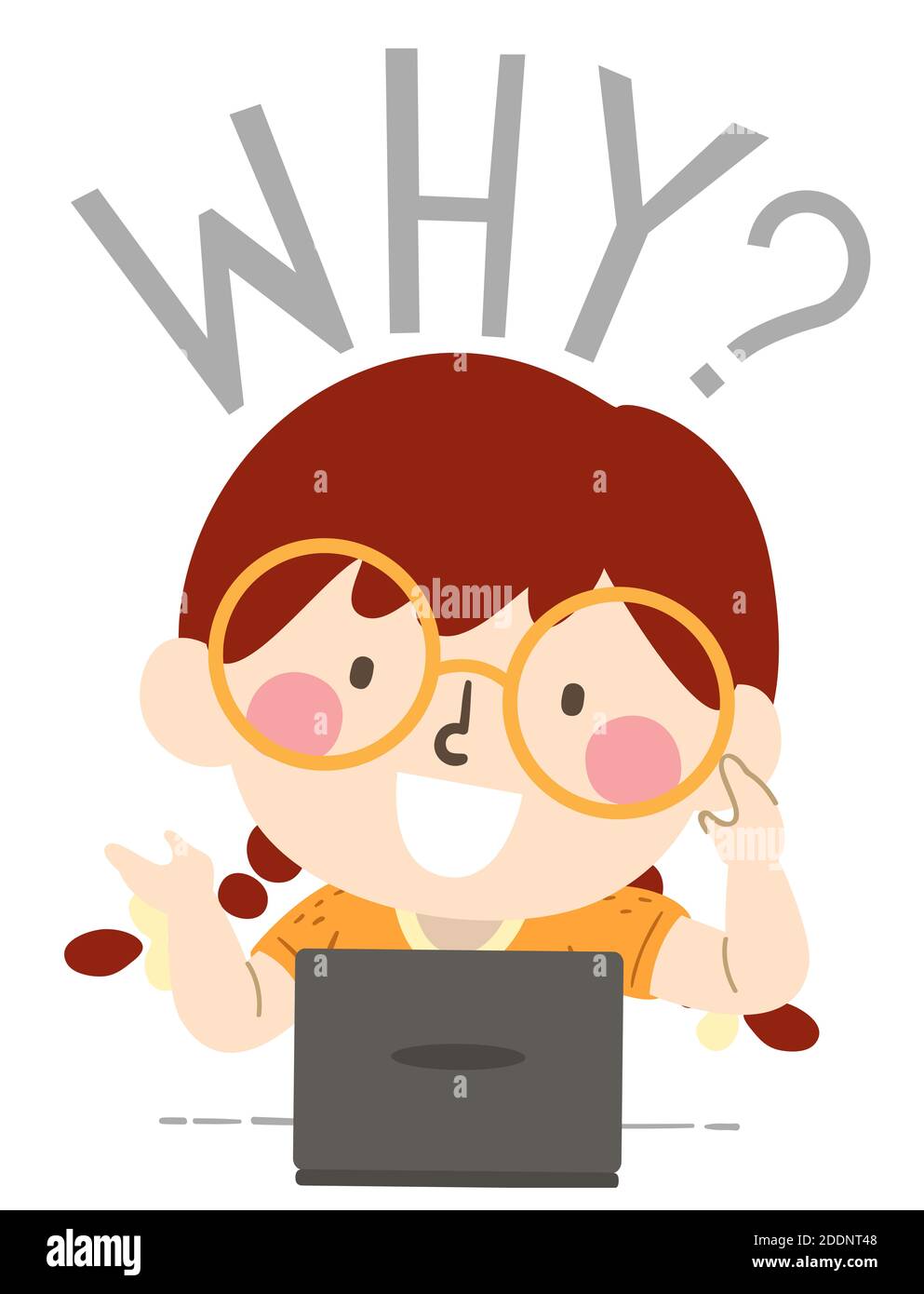 Illustration eines Kid Girl mit Laptop und fragen ein Warum Frage für eine Journalismusklasse Stockfoto