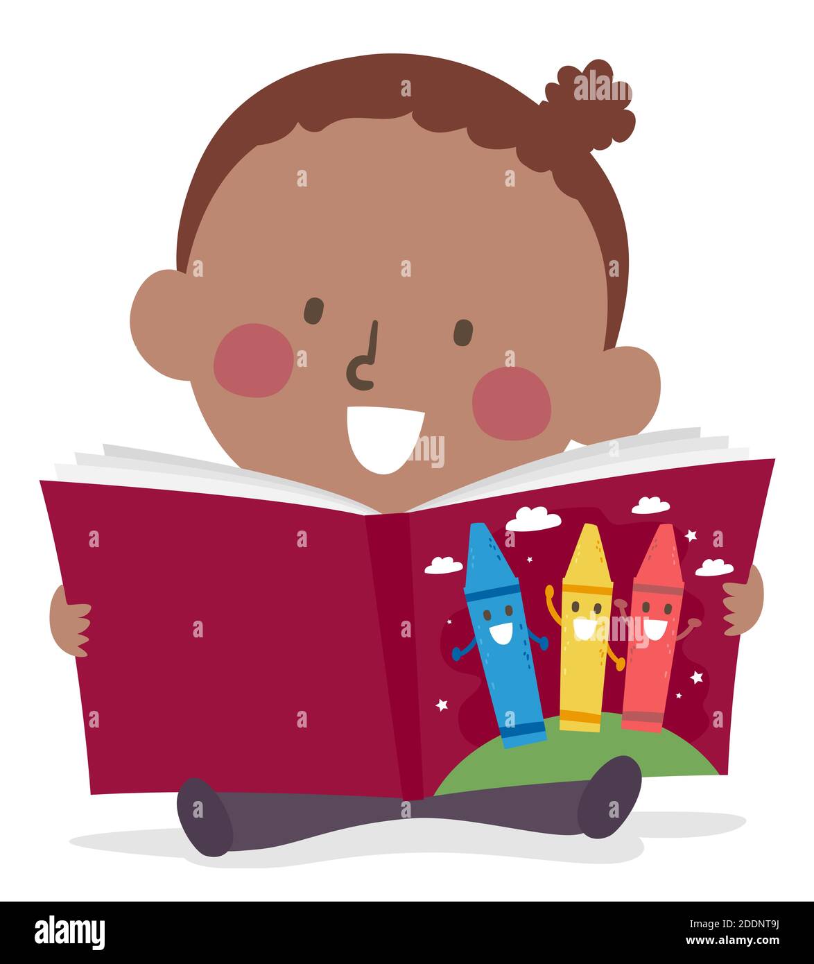 Illustration von einem Kind Mädchen Kleinkind Lesung ein Buch über Farben mit Crayon Maskottchen in Cover Stockfoto