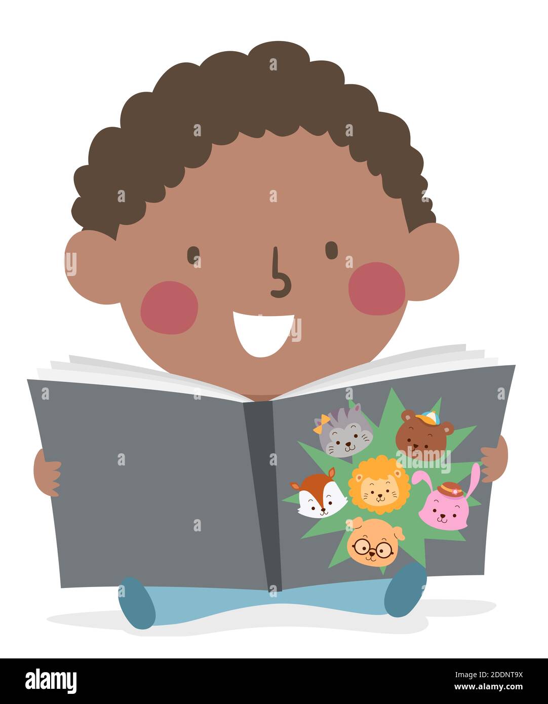 Illustration eines kleinen Jungen Kleinkind Lesung ein Buch über Tiere aus Löwe, Kaninchen, Schwein, Bär, Katze und Fuchs Stockfoto
