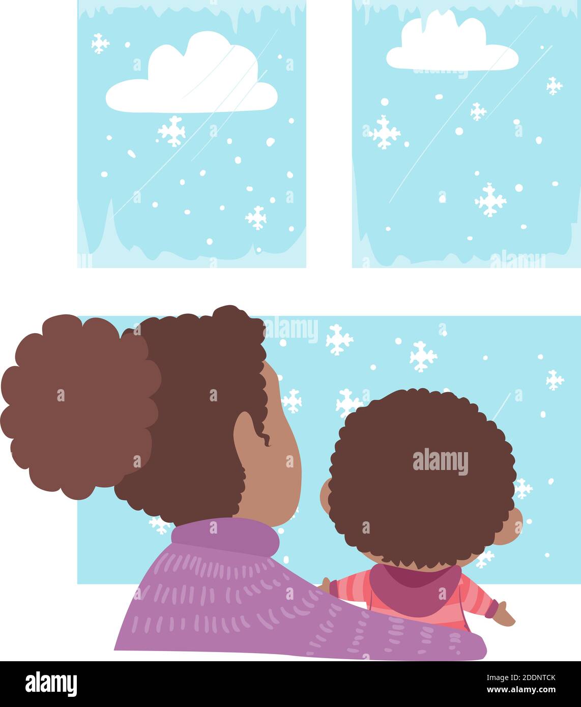 Illustration eines Kid Boy Kleinkind getragen von seiner Mutter Beobachten des Schnees Stockfoto