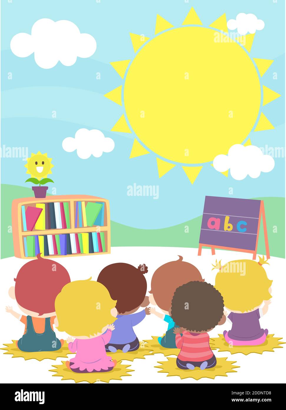 Rückansicht Illustration von Kindern Kleinkinder sitzen in der Klasse mit Sonnendekoration an der Wand Stockfoto