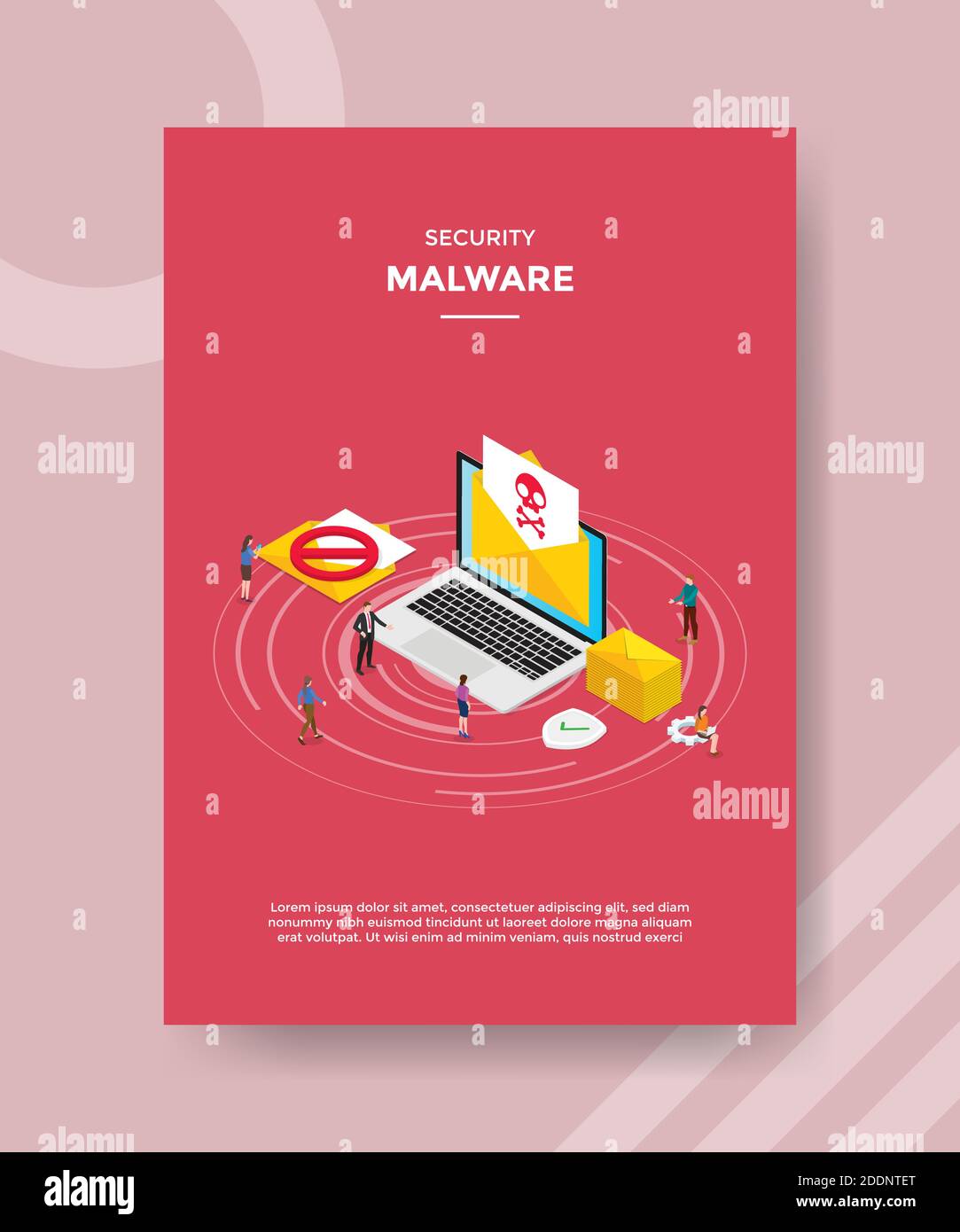 Sicherheit Malware Menschen stehen vor Laptop Schädel Umschlag auf dem Display Für Vorlagen Flyer und Print Banner Cover Buch Bücher modern Flacher Style Stock Vektor