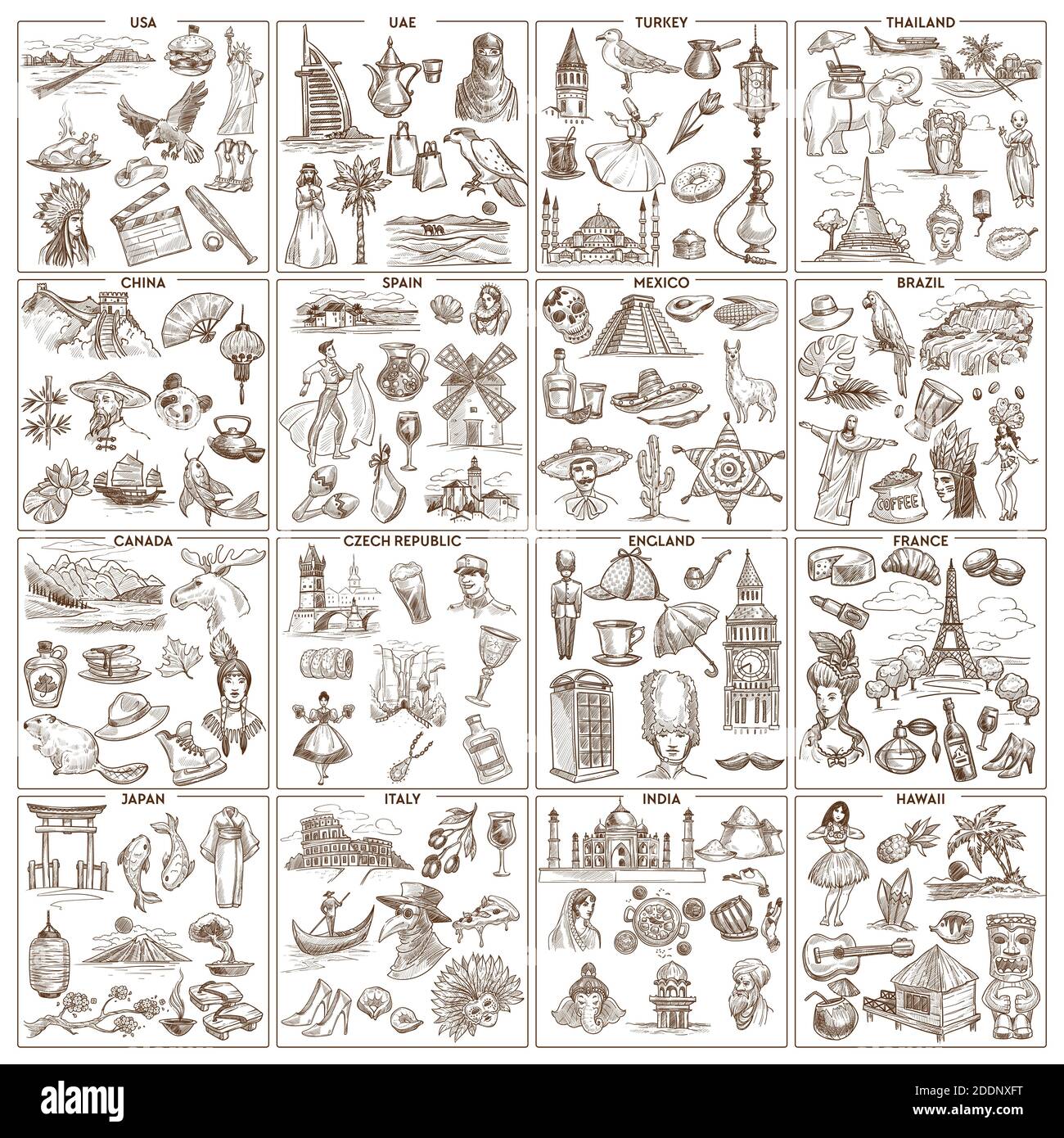 Weltweit reisen und Tourismus Wahrzeichen und Attraktionen Skizzen Sehenswürdigkeiten Stock Vektor