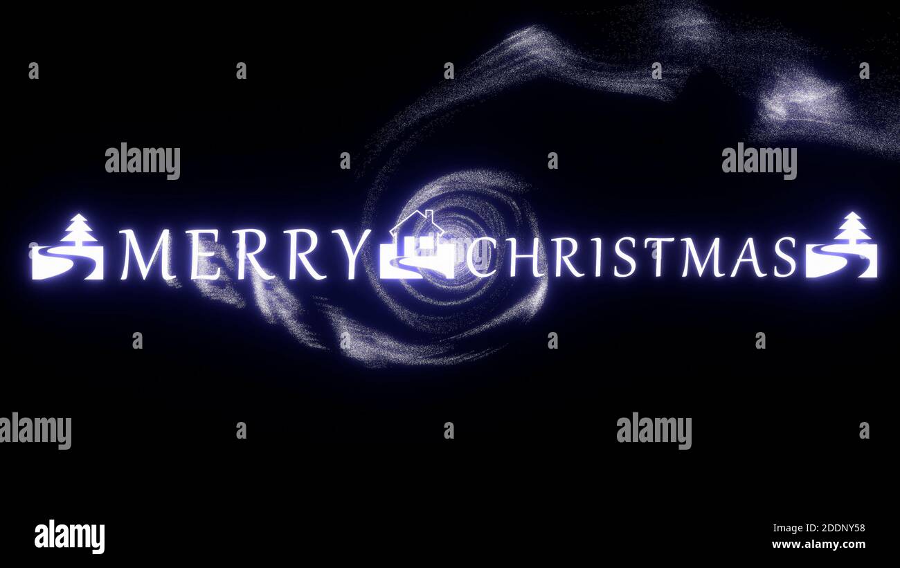 Frohe Weihnachten, 3D-Text mit glänzenden Partikeln und dynamischen Strudel-Mustern, Weihnachtshintergrund, 4k hohe Qualität, 3D-Rendering Stockfoto