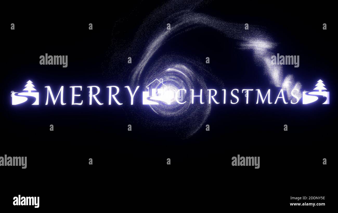 Frohe Weihnachten, 3D-Text mit glänzenden Partikeln und dynamischen Strudel-Mustern, Weihnachtshintergrund, 4k hohe Qualität, 3D-Rendering Stockfoto