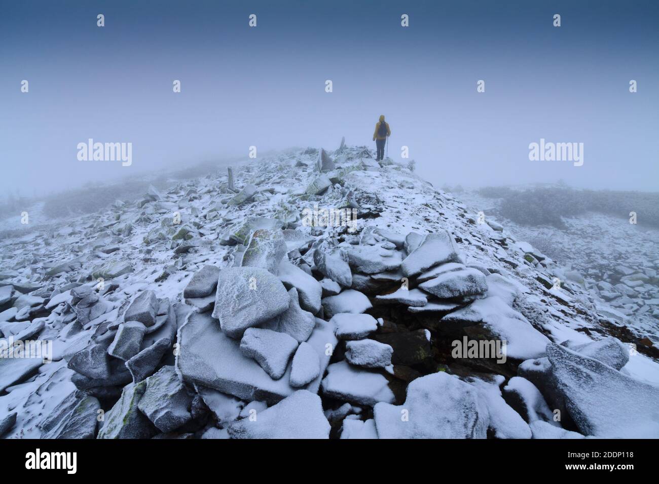 Ein einsamer Wanderer in einer verschneiten Landschaft. Einsamkeit, Berge, Winter, Nebel, Schnee. Stockfoto