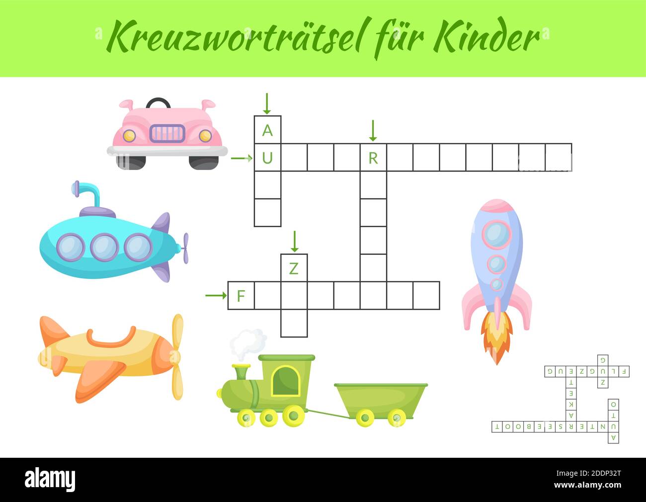 Kreuzworträtsel für Kinder - Kreuzworträtsel für Kinder. Kreuzworträtsel Spiel mit Bildern. Kinder Spiel und Aktivität Arbeitsblatt druckbare Version. Stock Vektor