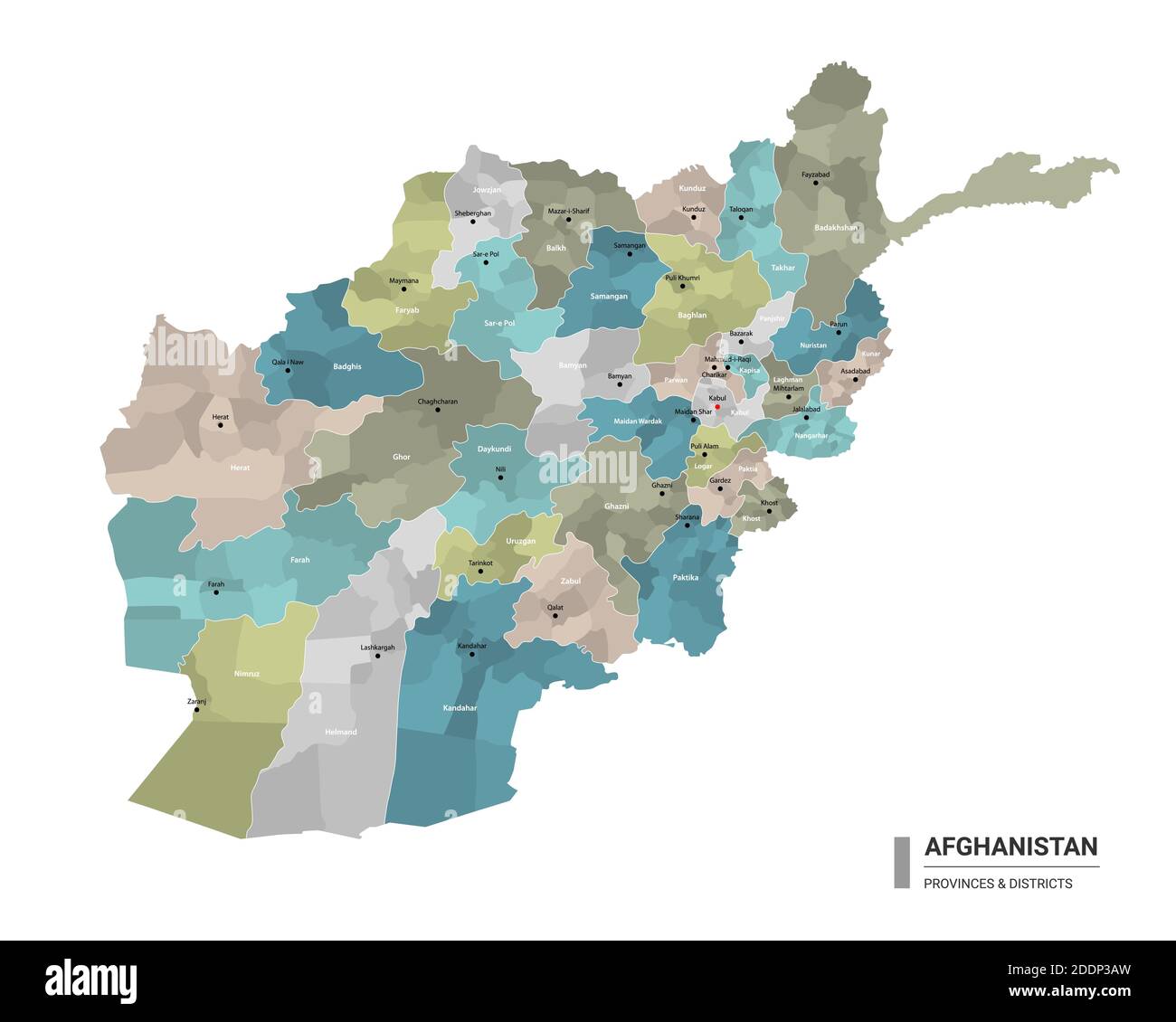Afghanistan hat detaillierte Karte mit Unterteilungen. Verwaltungskarte Afghanistans mit Bezirken- und Stadtnamen, farbig nach Bundesstaaten und administrativ Stock Vektor