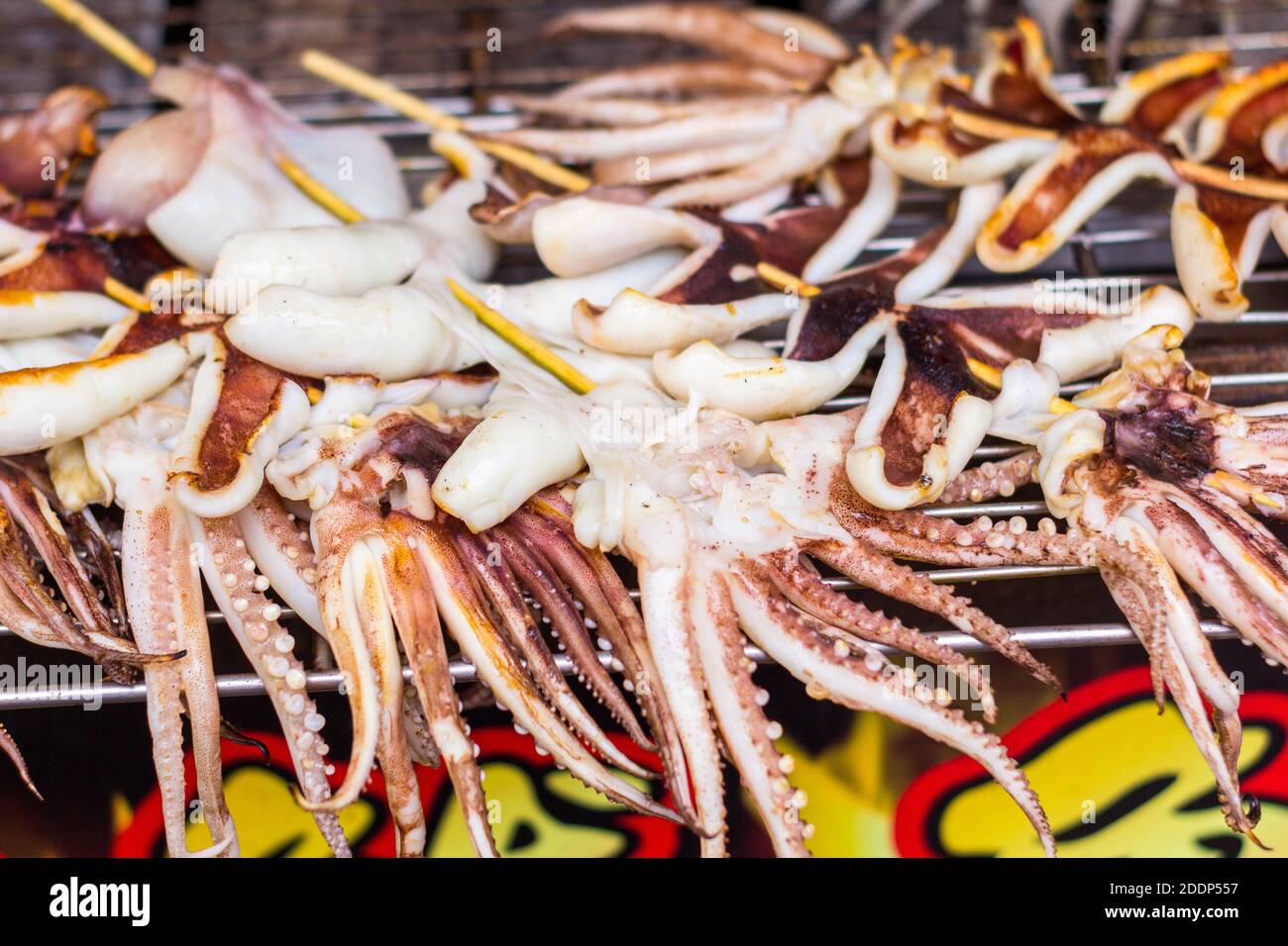 Tintenfischspieße bereit zum Grillen in einer Street Food Gegend in Taipeh, Taiwan Stockfoto