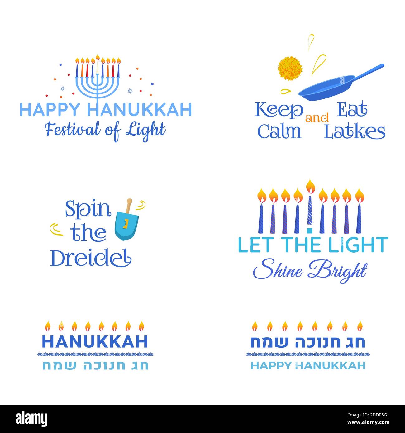 Hanukkah Vektor traditionelle jüdische Feiertag Phrasen Typografie Anführungszeichen gesetzt. Frohes Chanukka auf Hebräisch. Stock Vektor