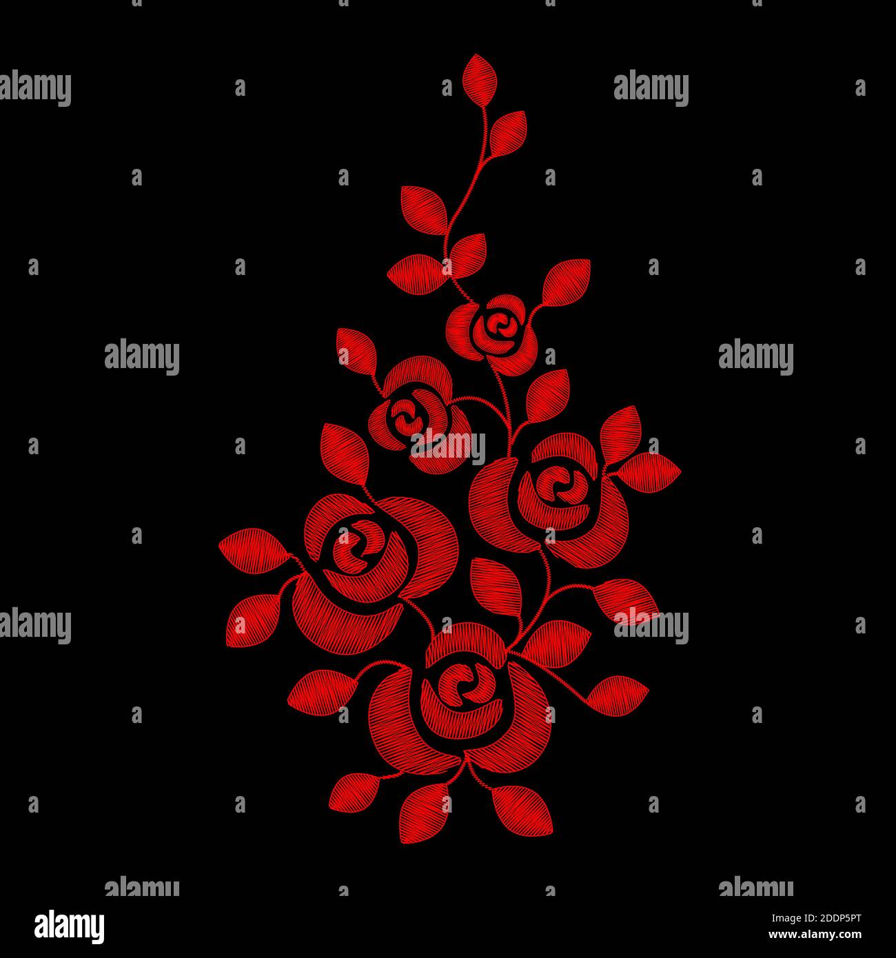 Embrodere Blumen Vektor. Rote Rose auf schwarzem Hintergrund. Valentinstag. Auf Kleidung und Gegenstände genommen. Stock Vektor
