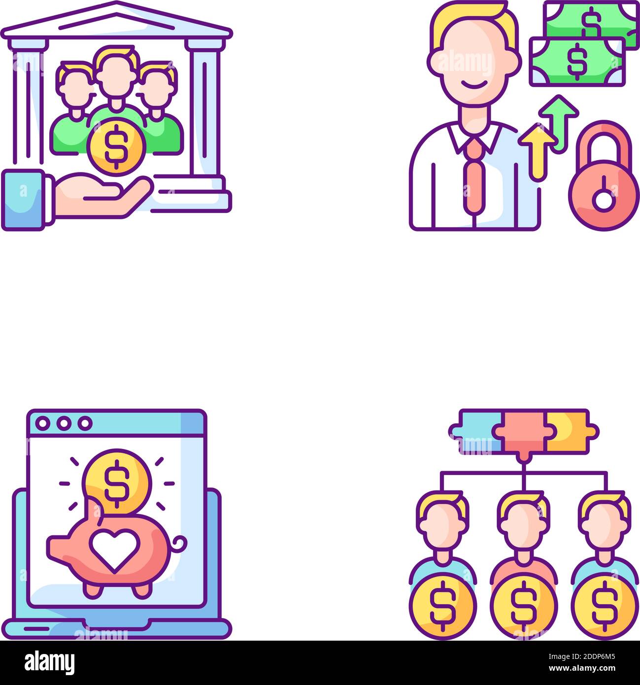 Organisation Crowdfunding RGB-Farbsymbole gesetzt Stock Vektor