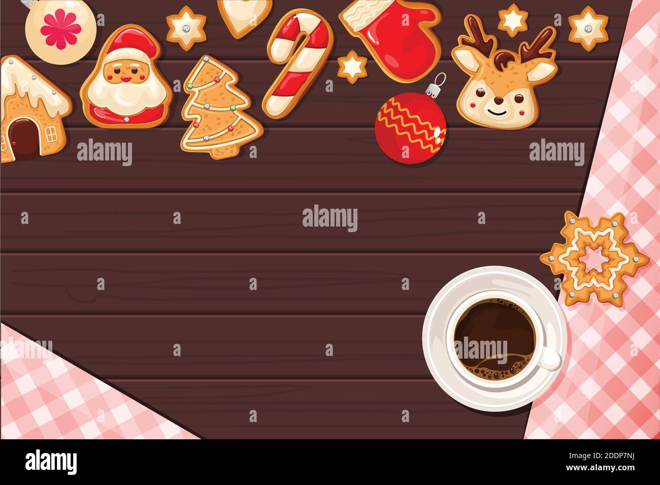 Weihnachtsplätzchen mit Sahnehäubchen und Kaffee auf Holzhintergrund, Draufsicht. Weihnachten, Neujahr. Vektorgrafik Stock Vektor