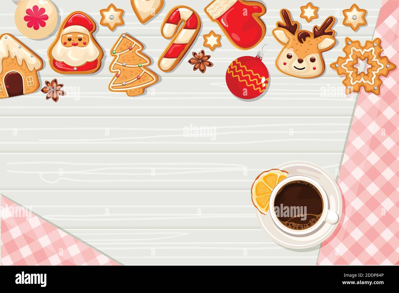 Weihnachtsplätzchen mit Sahnehäubchen und Kaffee auf Holzhintergrund, Draufsicht. Weihnachten, Neujahr. Vektorgrafik Stock Vektor