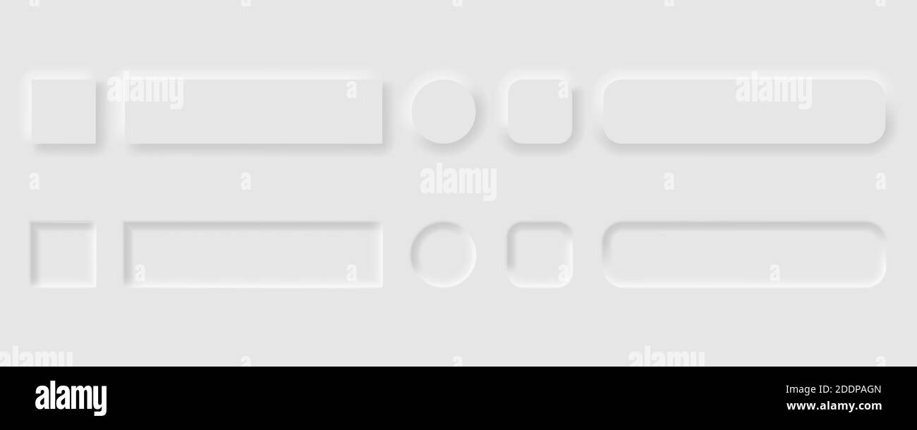 Vektor editierbare neomorphe Schaltflächen gesetzt. Schieberegler für Websites, mobile Menüs, Navigation und Apps. Einfache elegante Neomorphismus trendy 2020 Designs Element Stock Vektor