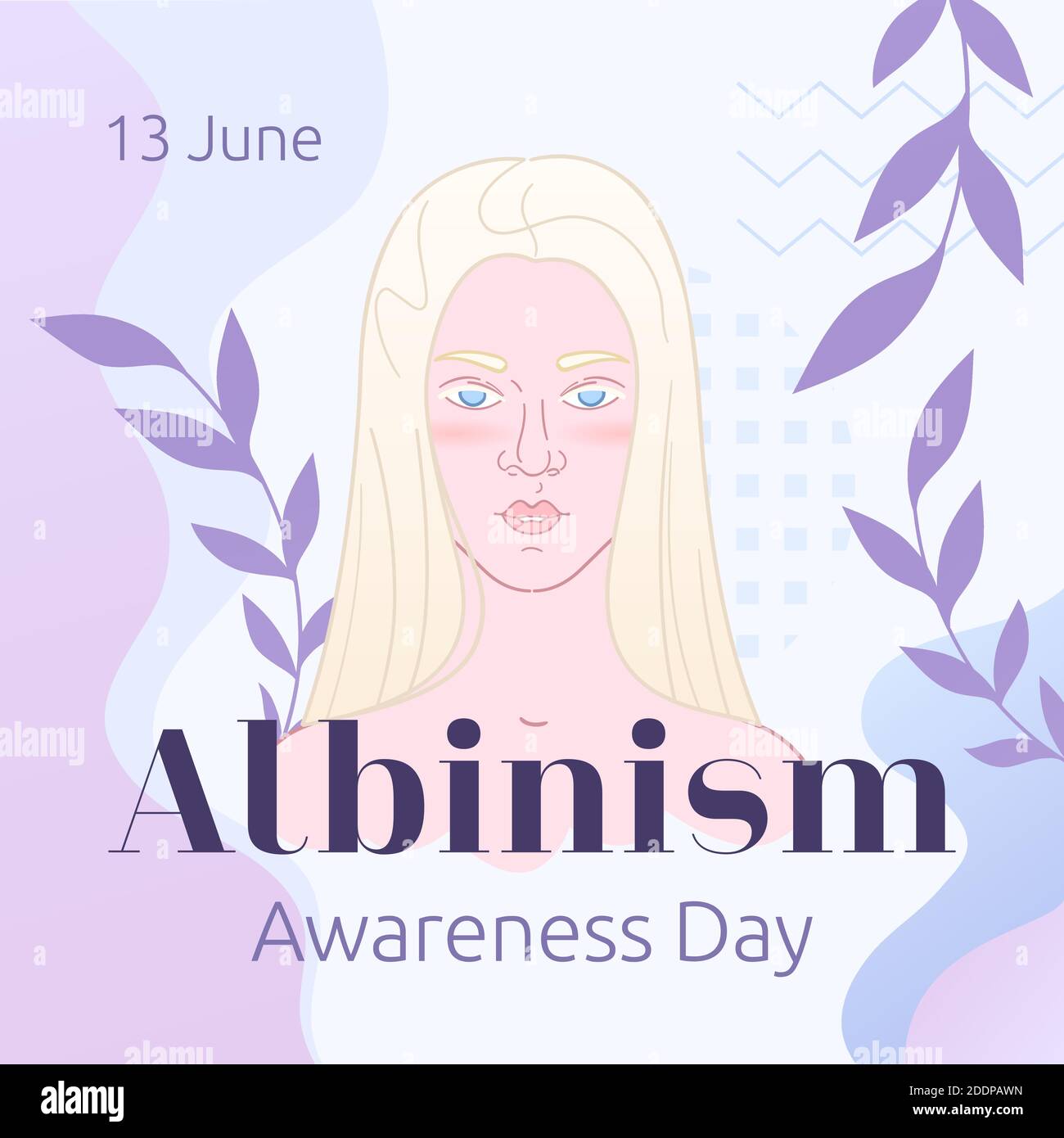 13. Juni - Internationaler Tag Des Albinismus-Bewusstseins. Niedliches Urlaubskonzept in Lavendelpalette. Quadratisches Banner, Grußkarte oder Poster mit attraktiver Frau Stock Vektor