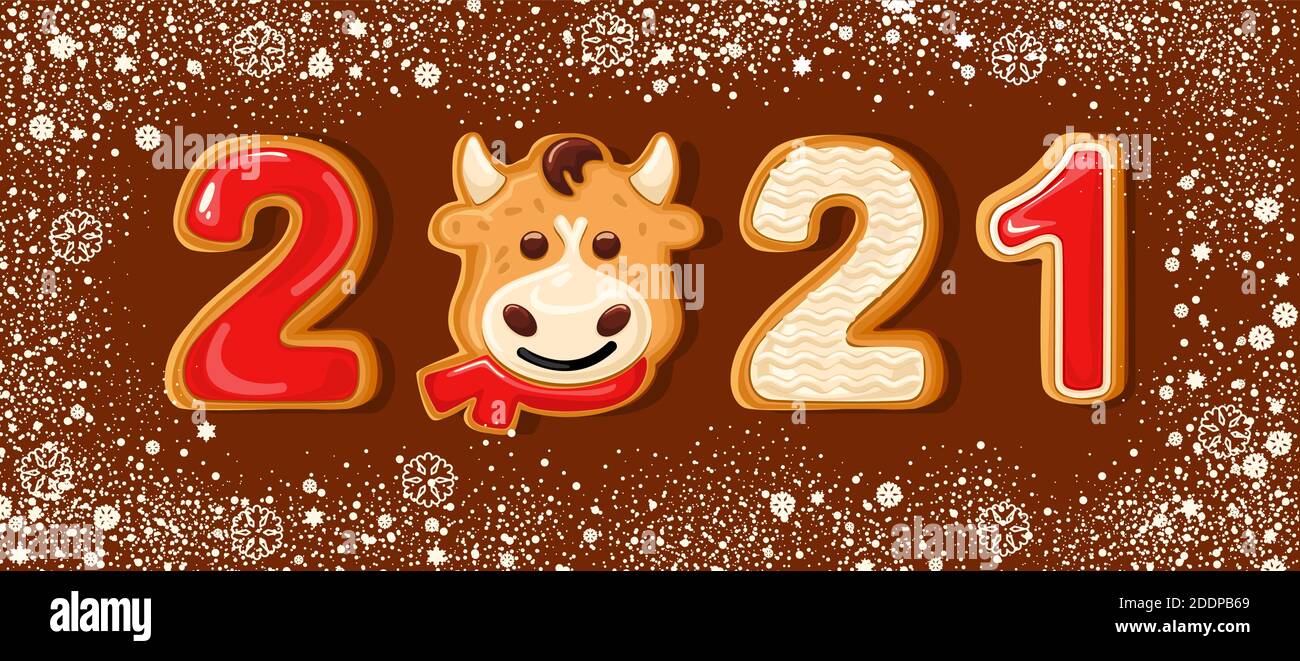 Lebkuchen Hintergrund. Zahlen des Jahres 2021. Schneebedeckter Hintergrund. Perfekt für Weihnachtsbanner, Grußkarten und Präsentationen. Vektorgrafik Stock Vektor