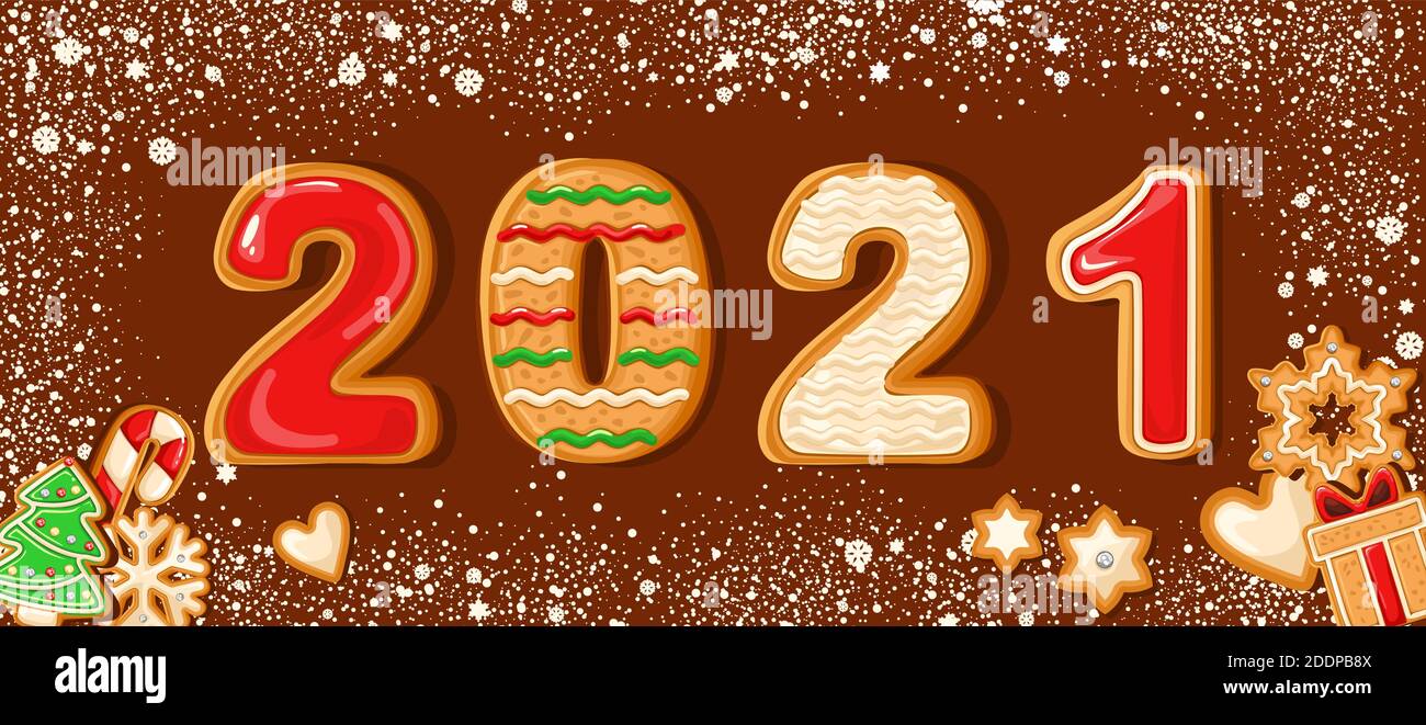 Lebkuchen Hintergrund. Zahlen des Jahres 2021. Schneebedeckter Hintergrund. Perfekt für Weihnachtsbanner, Grußkarten und Präsentationen. Vektorgrafik Stock Vektor