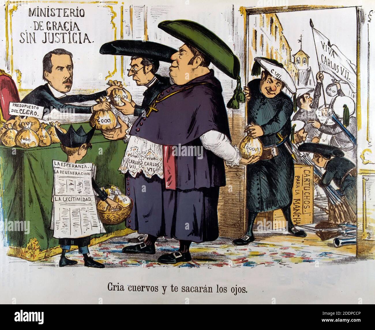 ISABEL II REINA DE ESPAÑA. MADRID 1830-1904. CARICATURA DE LA REVISTA 'LA FLACA' QUE IRONIZA SOBRE EL CLERO PARTIDARIO DEL CANDIDATO A SU SUCESION CARLOS VII CRIA CUERVOS Y TE SACARAN LOS OJOS. Stockfoto