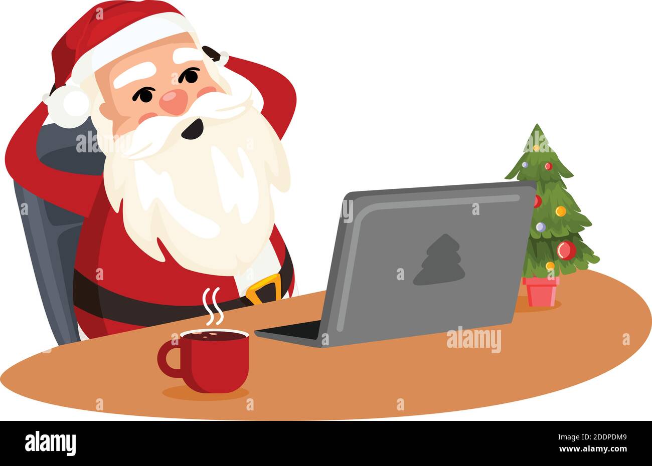 Santa Claus sitzt auf einer Tasche mit einem Laptop, macht Online-Bestellungen für Geschenke. Stock Vektor