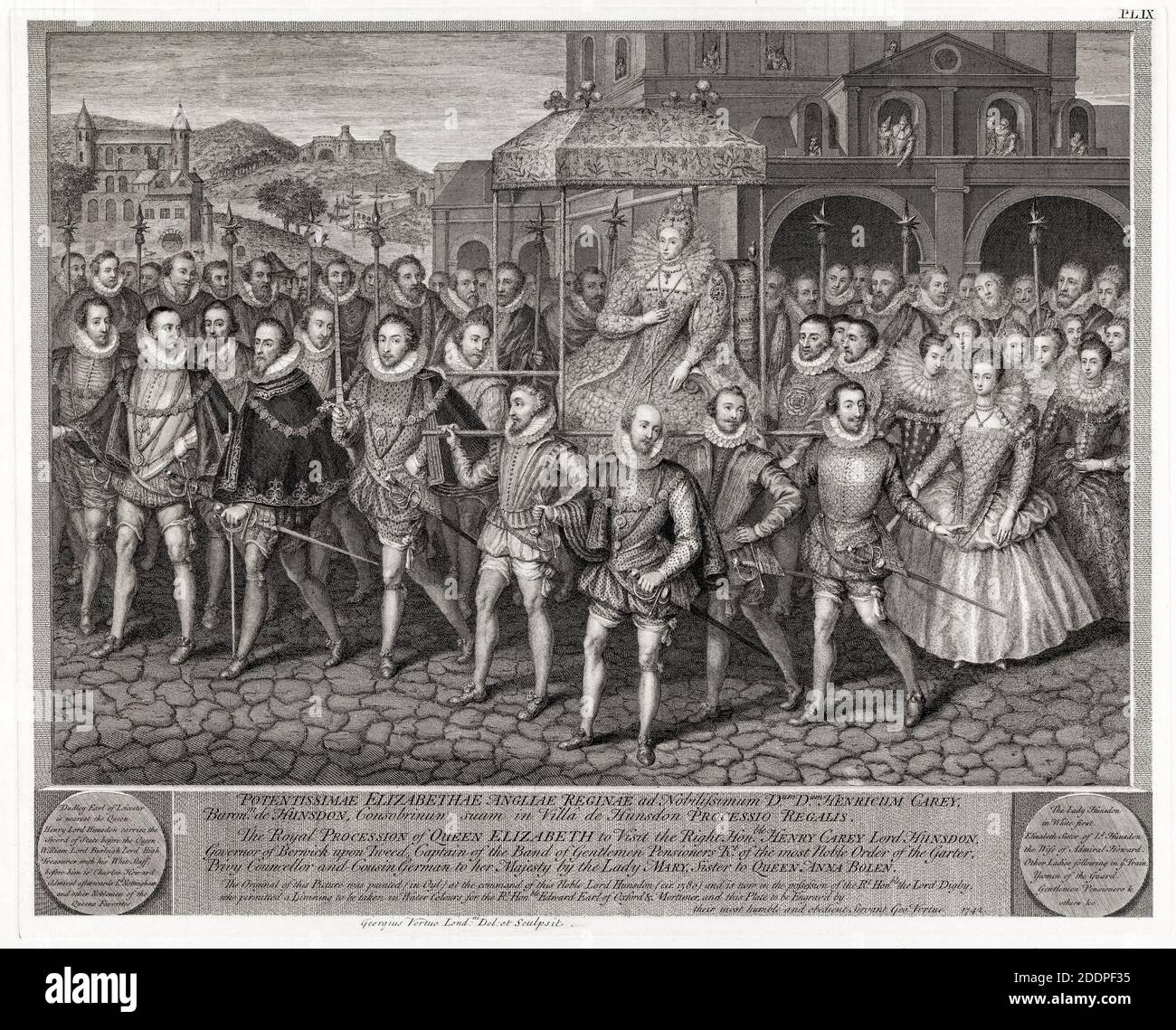 Prozession von Königin Elisabeth I. von England (1533-1603) und ihrem Hof, Stich von George Vertue, 1742 Stockfoto