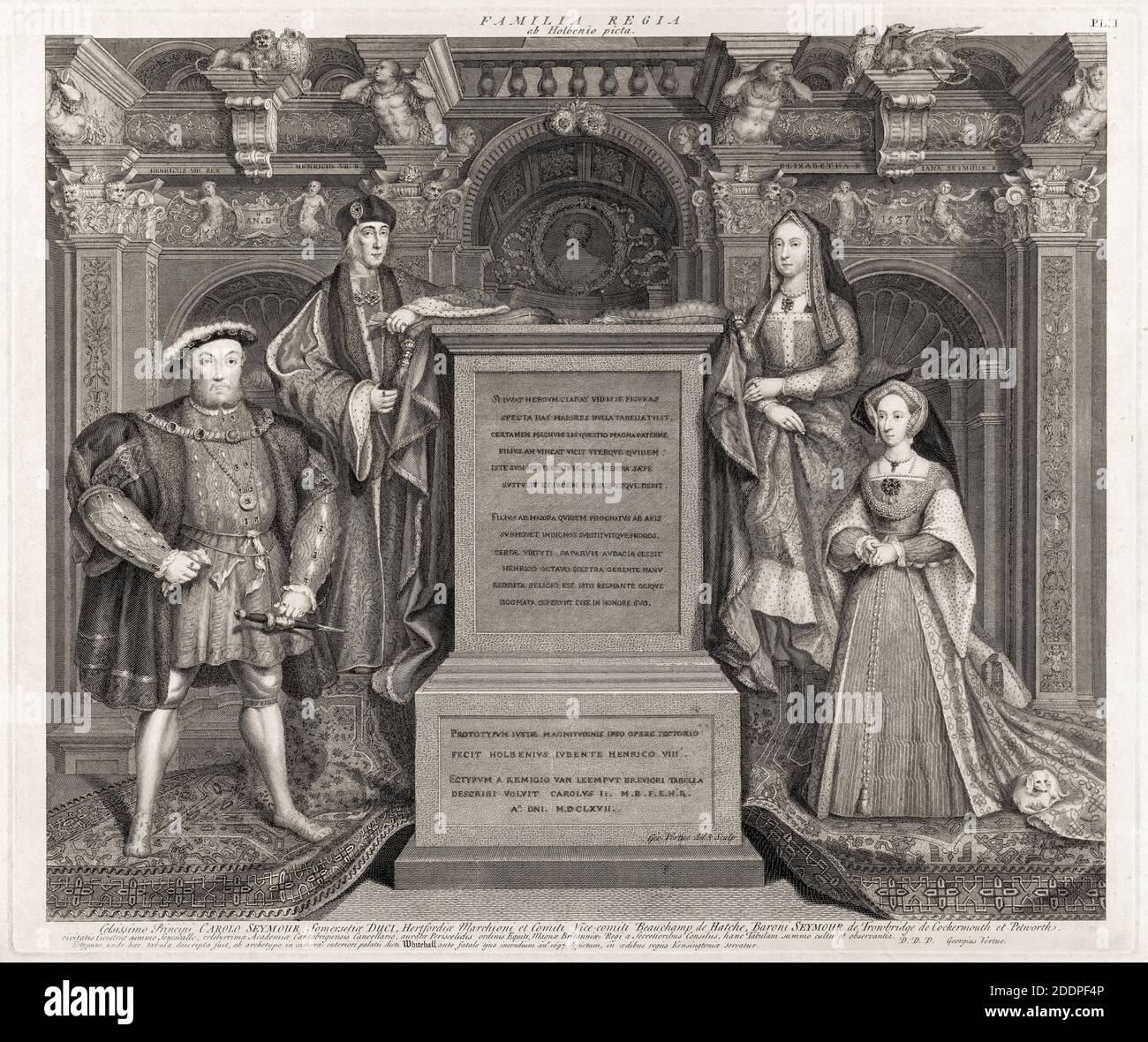 TUDOR Royal Family, Henry VIII, Jayne Seymour, Henry VII, Elizabeth of York, Porträtstich von George Vertue, nach, Hans Holbein der Jüngere, 1742 Stockfoto