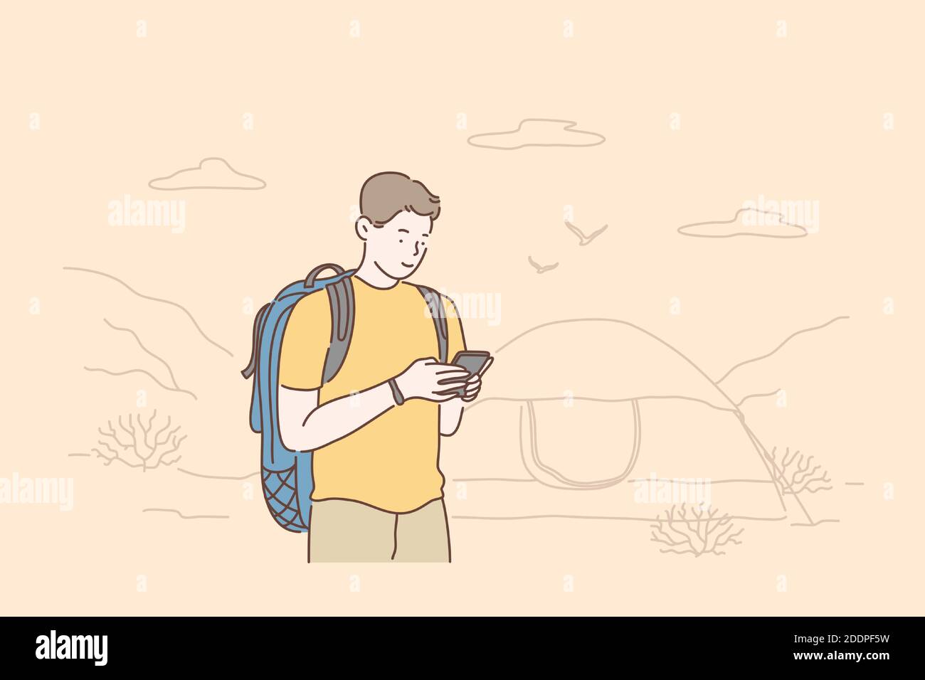 Reise-, Tourismus- oder Wochenend-Konzept. Reisende, die Smartphone nutzen, Videos ansehen, für einen Blog schreiben oder mit Freunden auf einem Mobiltelefon kommunizieren. Vecto Stock Vektor