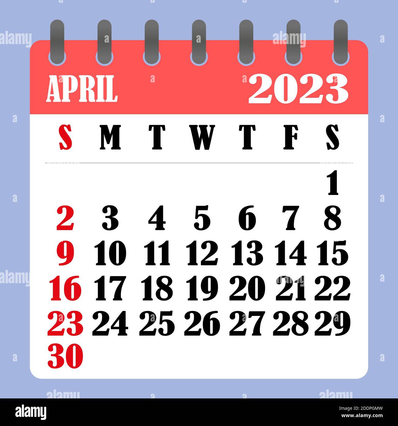 Briefkalender für April 2023. Die Woche beginnt am Sonntag. Zeit-, Planungs- und Terminkonzept. Flaches Design. Abnehmbarer Kalender für den Monat. Vektor Stock Vektor