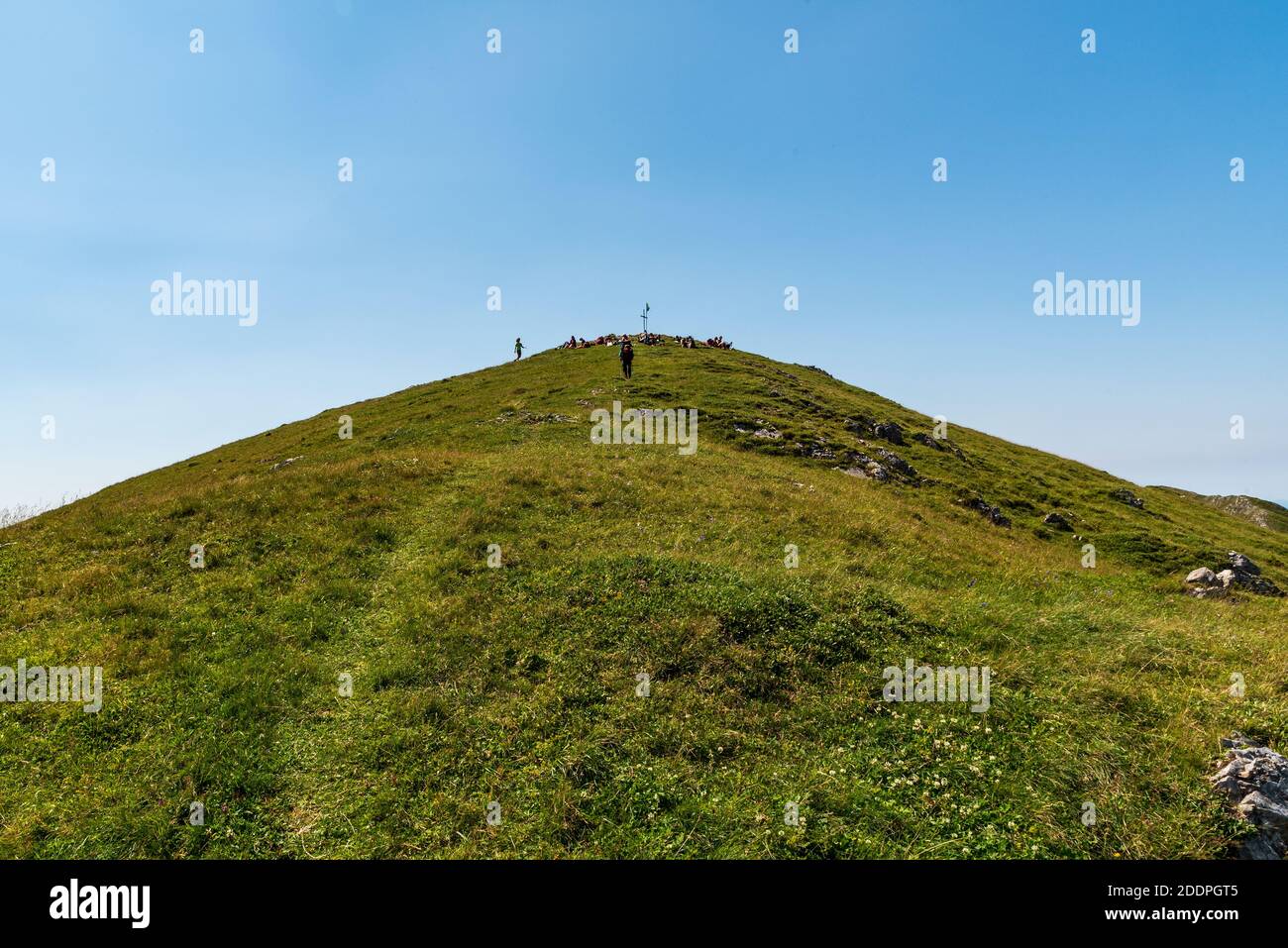Der Gipfel des Oslea-Hügels wird von einer Bergwiese mit einer entspannenden Gruppe bedeckt Der Wanderer - der höchste Berg des Valcan Berg in Rumänien Stockfoto