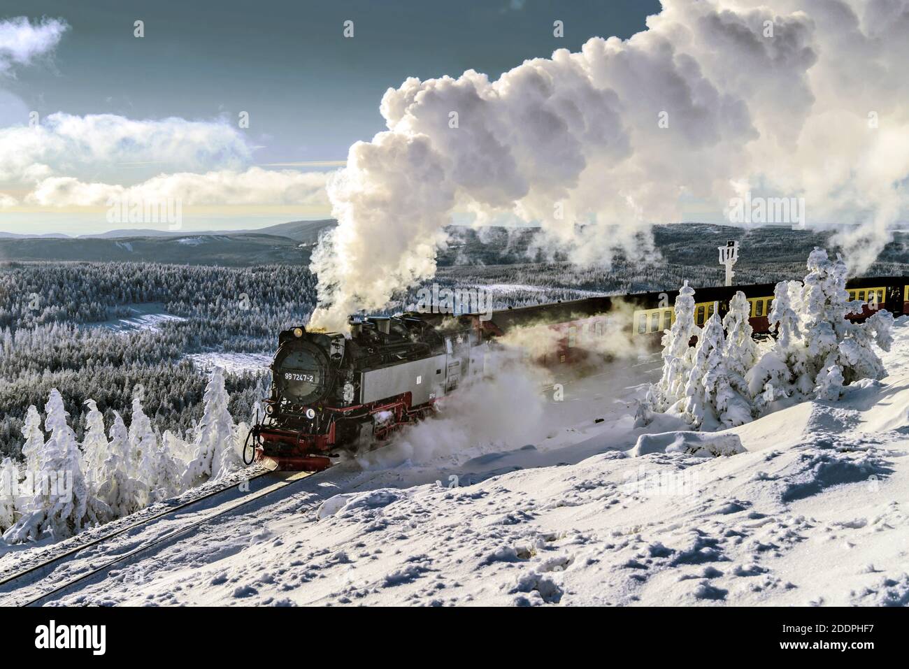 Winter am Brocken - Schmalspurbahn Harz, Deutschland, Niedersachsen, Nationalpark Harz, Brocken Stockfoto