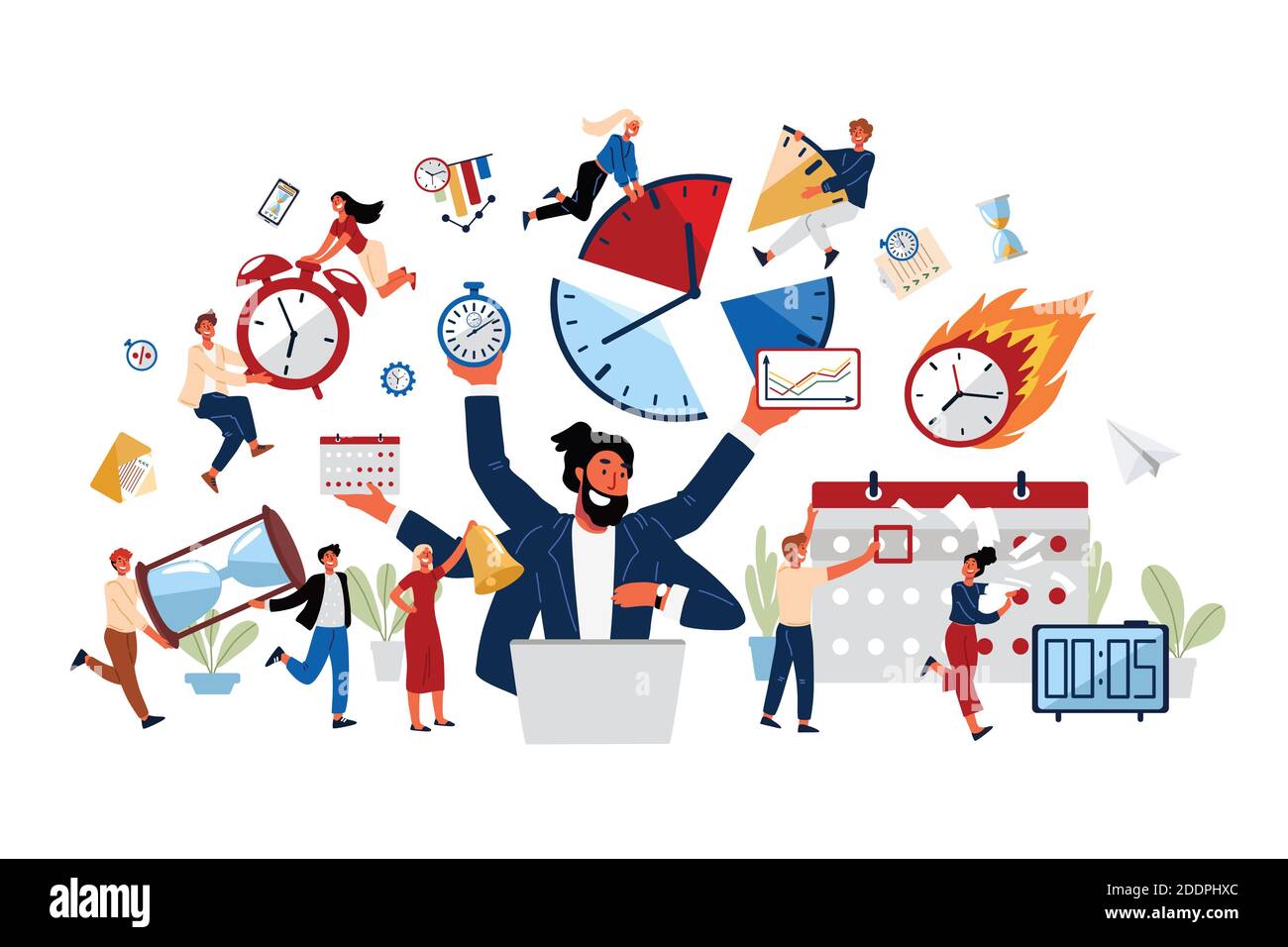 Geschäftskonzept von Zeitmanagement, Produktivität, Organisieren. Im Office arbeiten die Menschen zusammen. Cartoon flaches Design, isolierte Vektor-Illustration. Stock Vektor