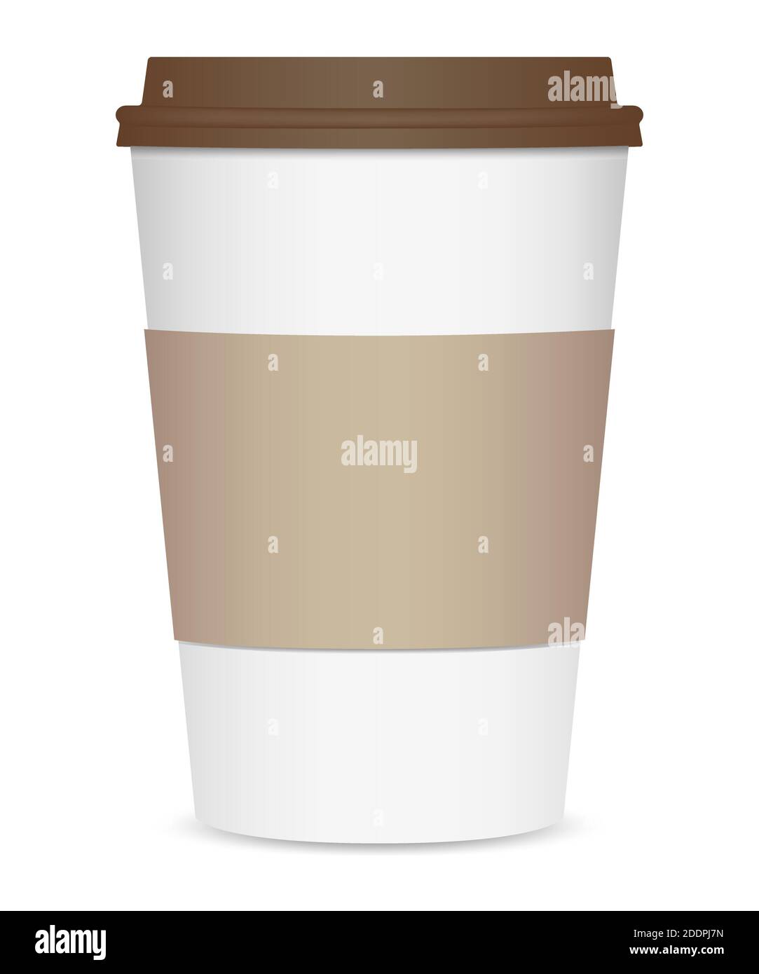 Layout einer realistischen Kaffeetasse mit braunem Deckel und Getränkehalter. Vorderansicht. Isoliert auf weißem Hintergrund. Vektorgrafik Stock Vektor