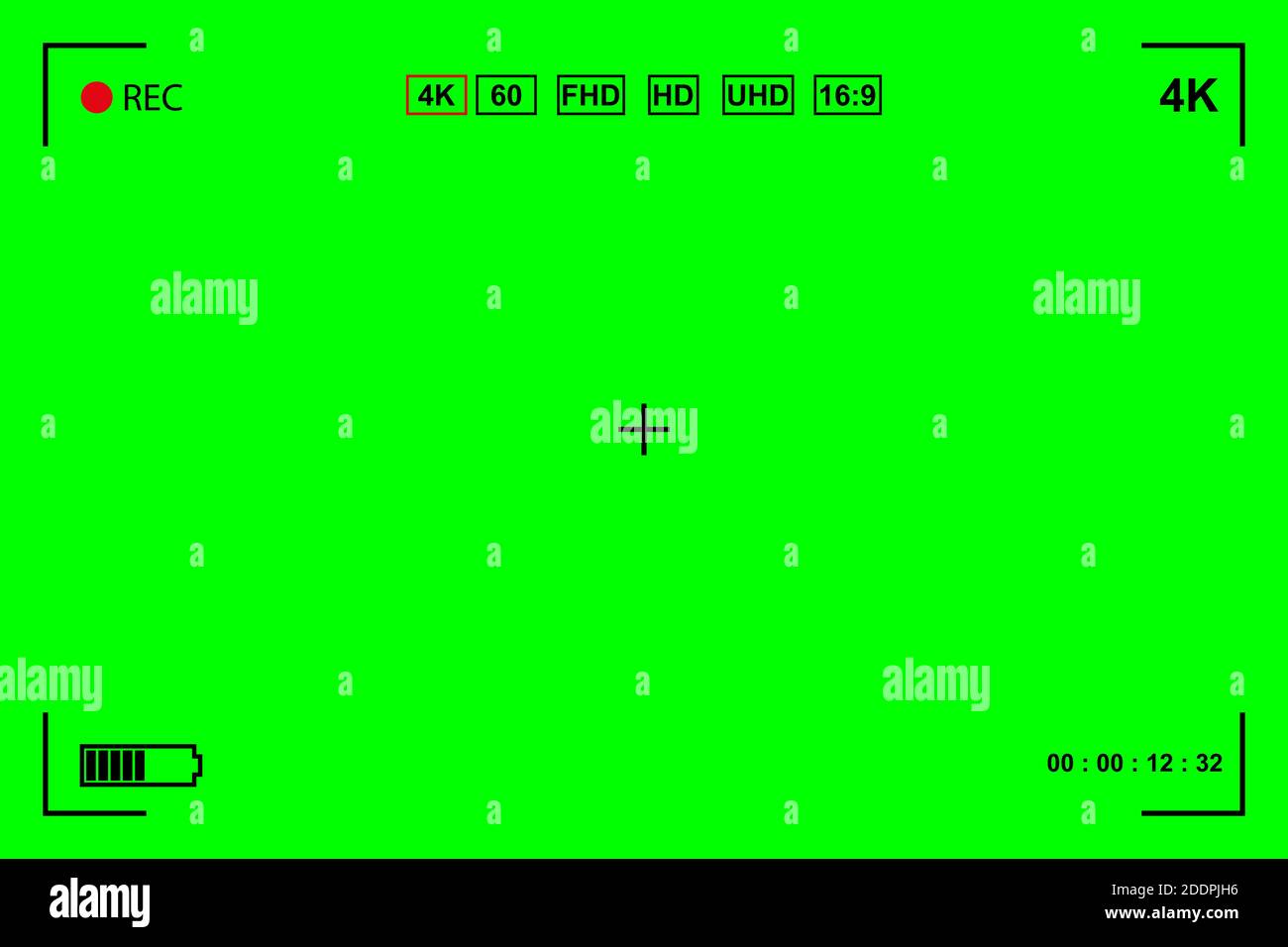 Grüner Bildschirm, farbiger Hintergrund. Leerer grüner Hintergrund mit VFX-Markierungen zur Bewegungsverfolgung. Bildschirm von modernen digitalen Camcordern. Chroma-Tastatur für Stock Vektor